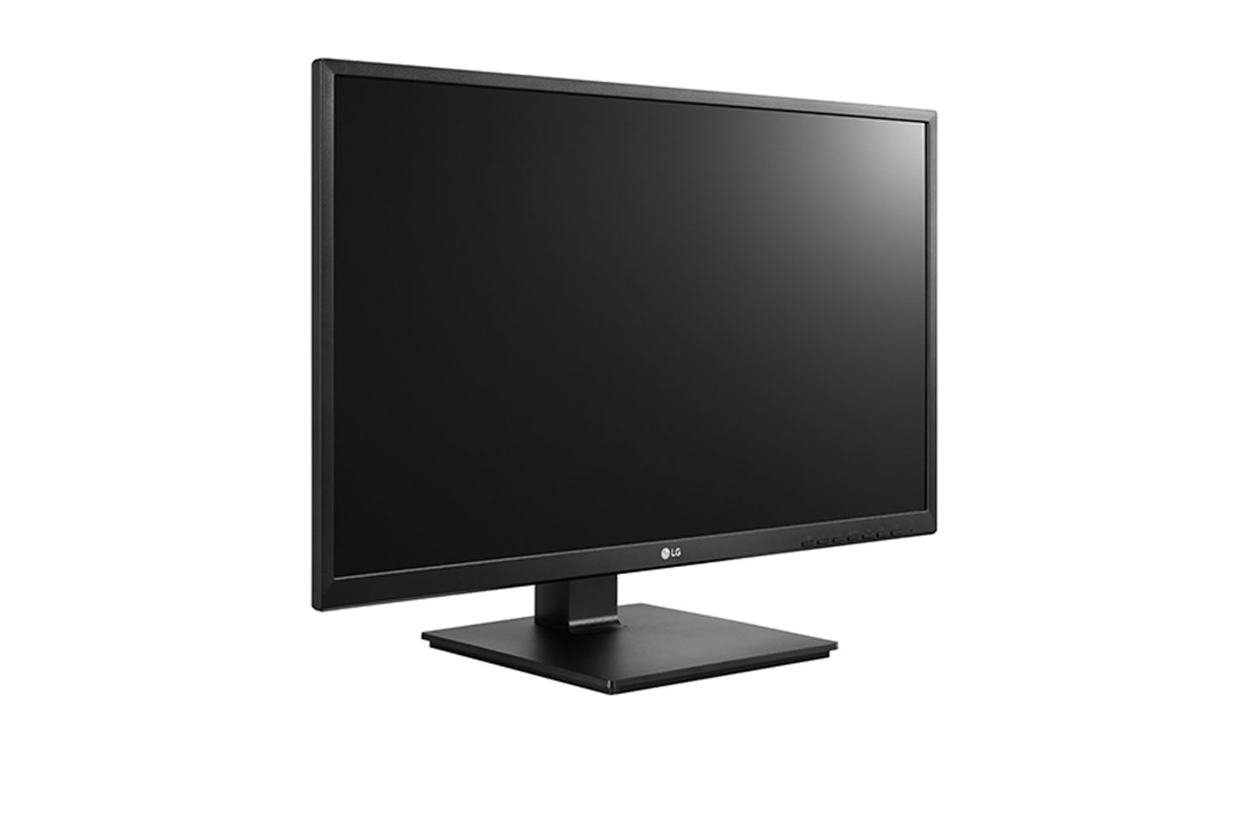 Monitor LG nero con schermo nero su base nera. Vista prospettica.