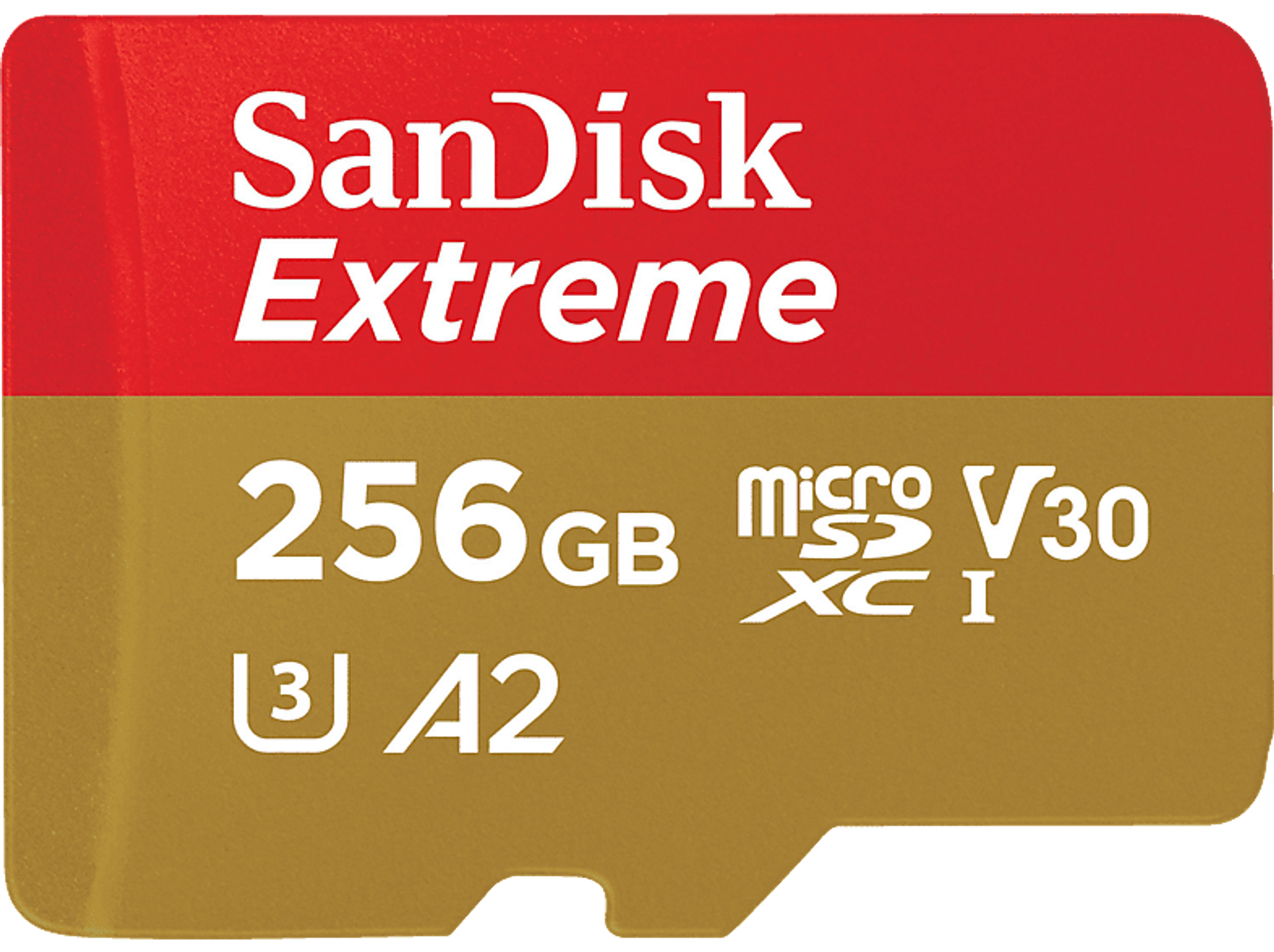 Rote und goldene SanDisk Extreme microSD-Karte. Text: 256GB, Micro SD, V30, A2, XC I.