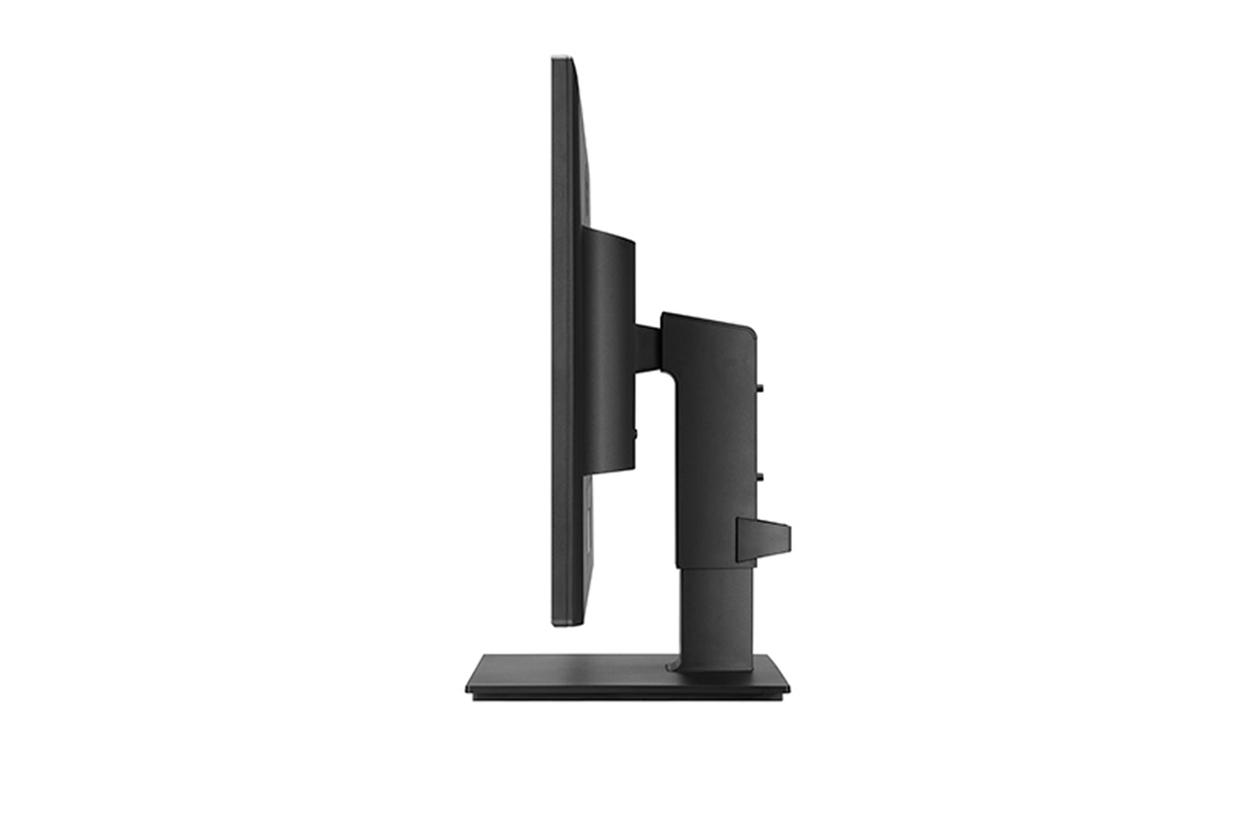 Vista laterale di un monitor per computer nero con supporto nero.