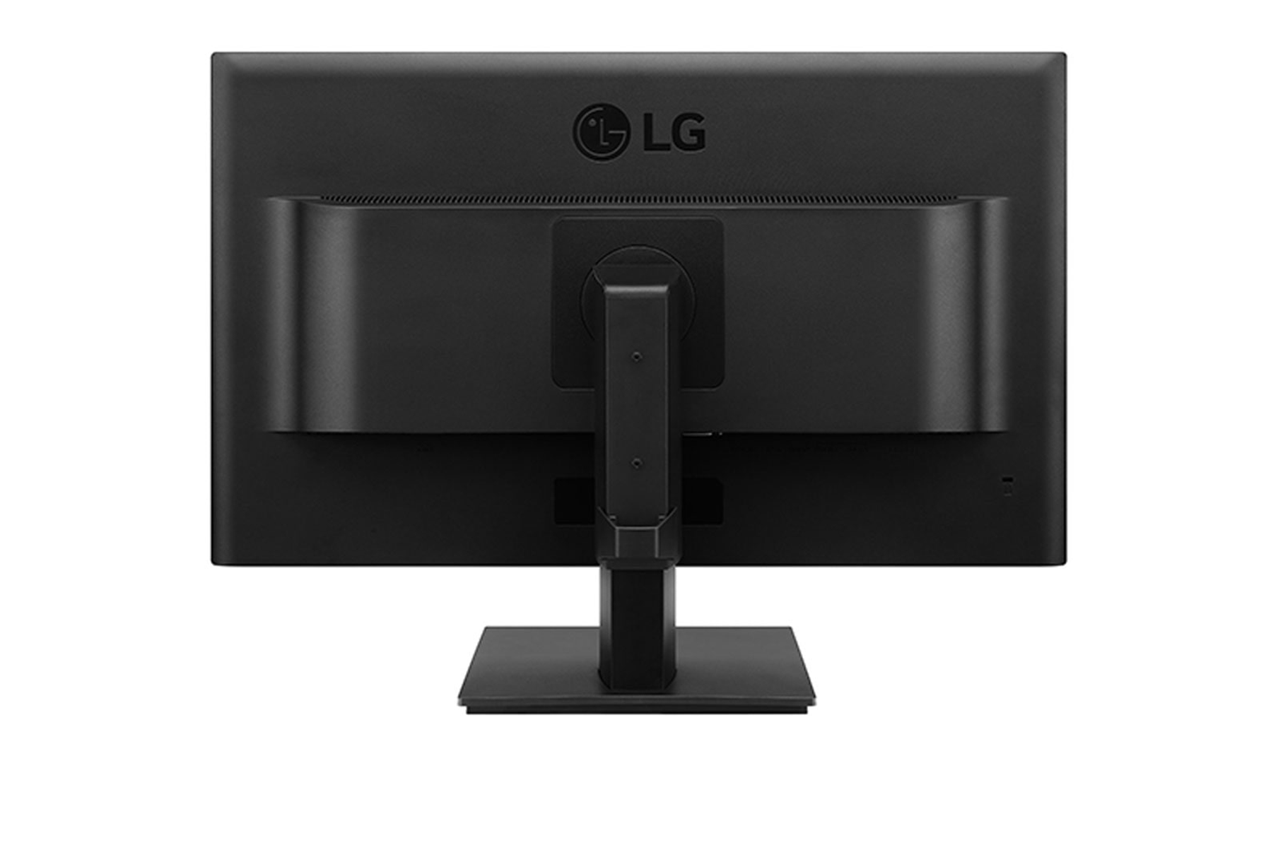 Retro del monitor LG nero. Supporto e porte visibili.