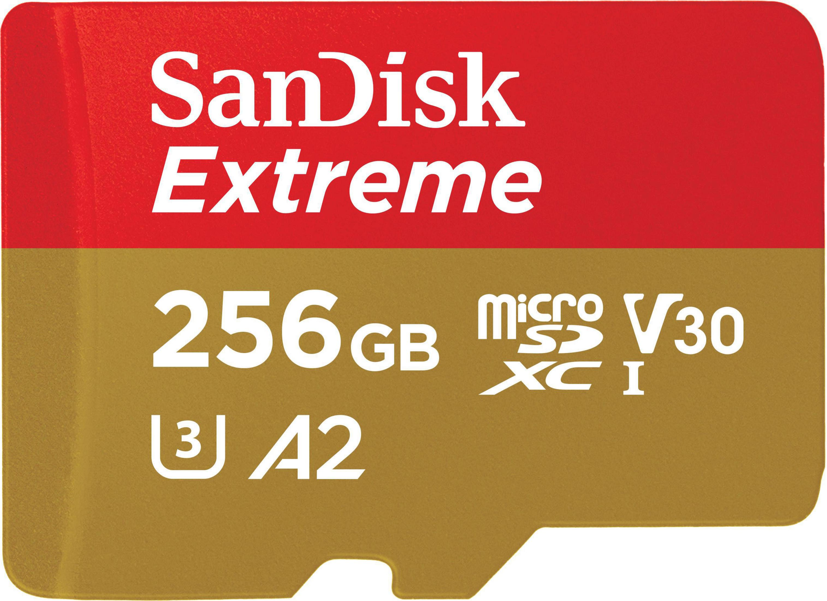 Eine rot-goldene SanDisk Extreme MicroSD-Karte mit 256GB, V30, A2 und MicroSDXC-Markierungen.