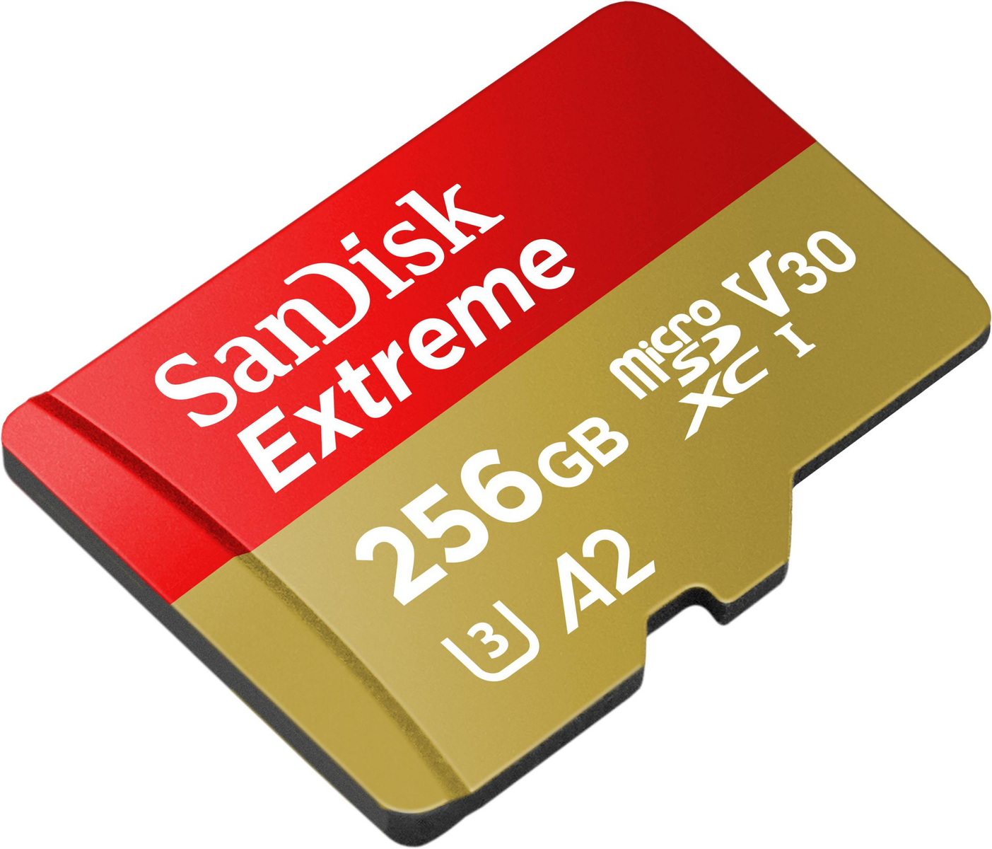 Rote und goldene microSD-Karte mit Text und Logos.