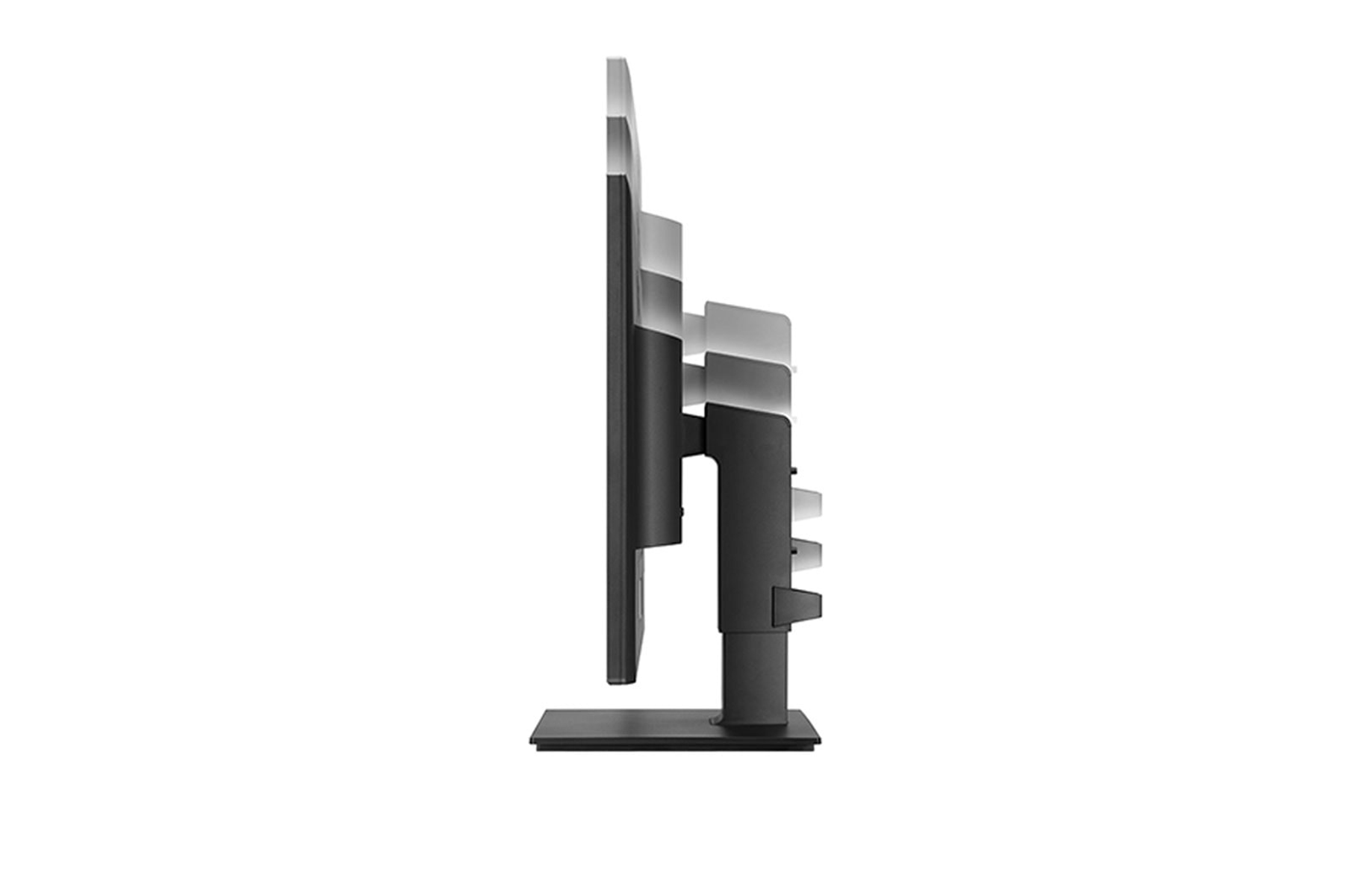 Un monitor nero di profilo. Il monitor è su un supporto. Sfondo bianco.