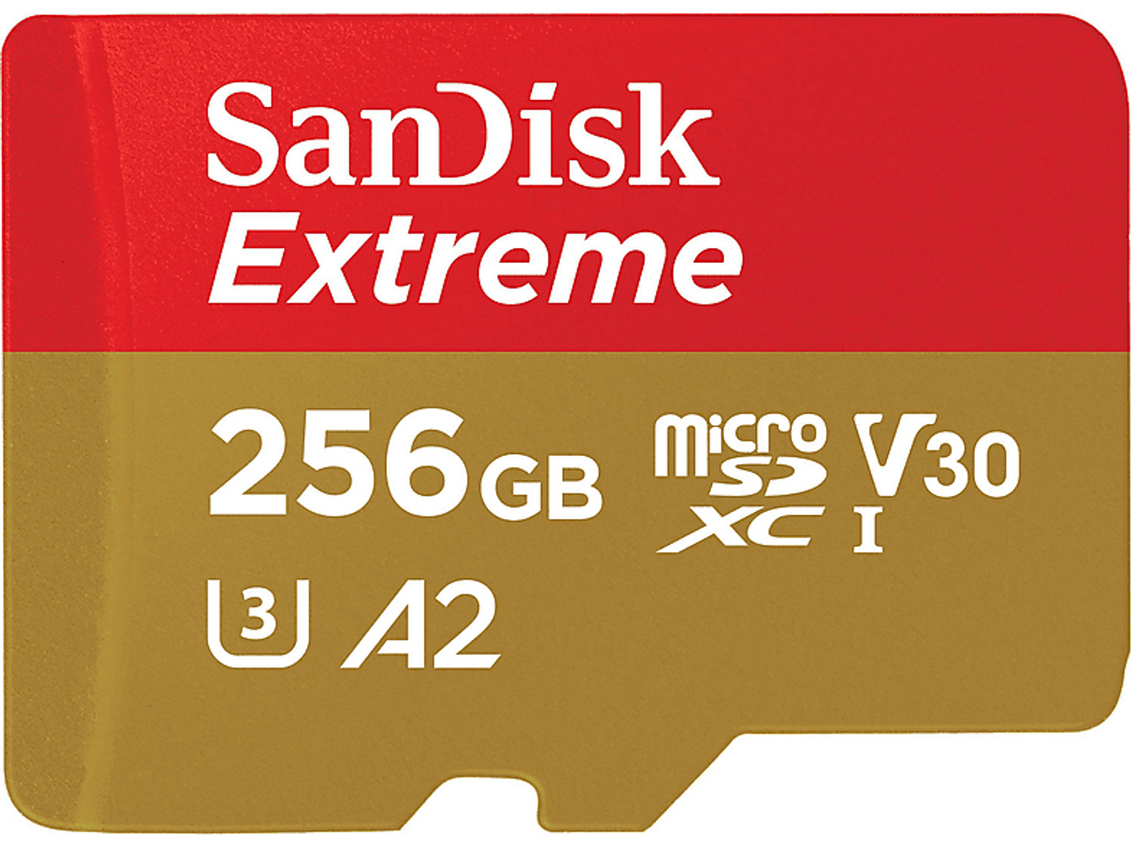 Rote und goldene SanDisk Extreme microSD-Karte mit 256 GB Kapazität.