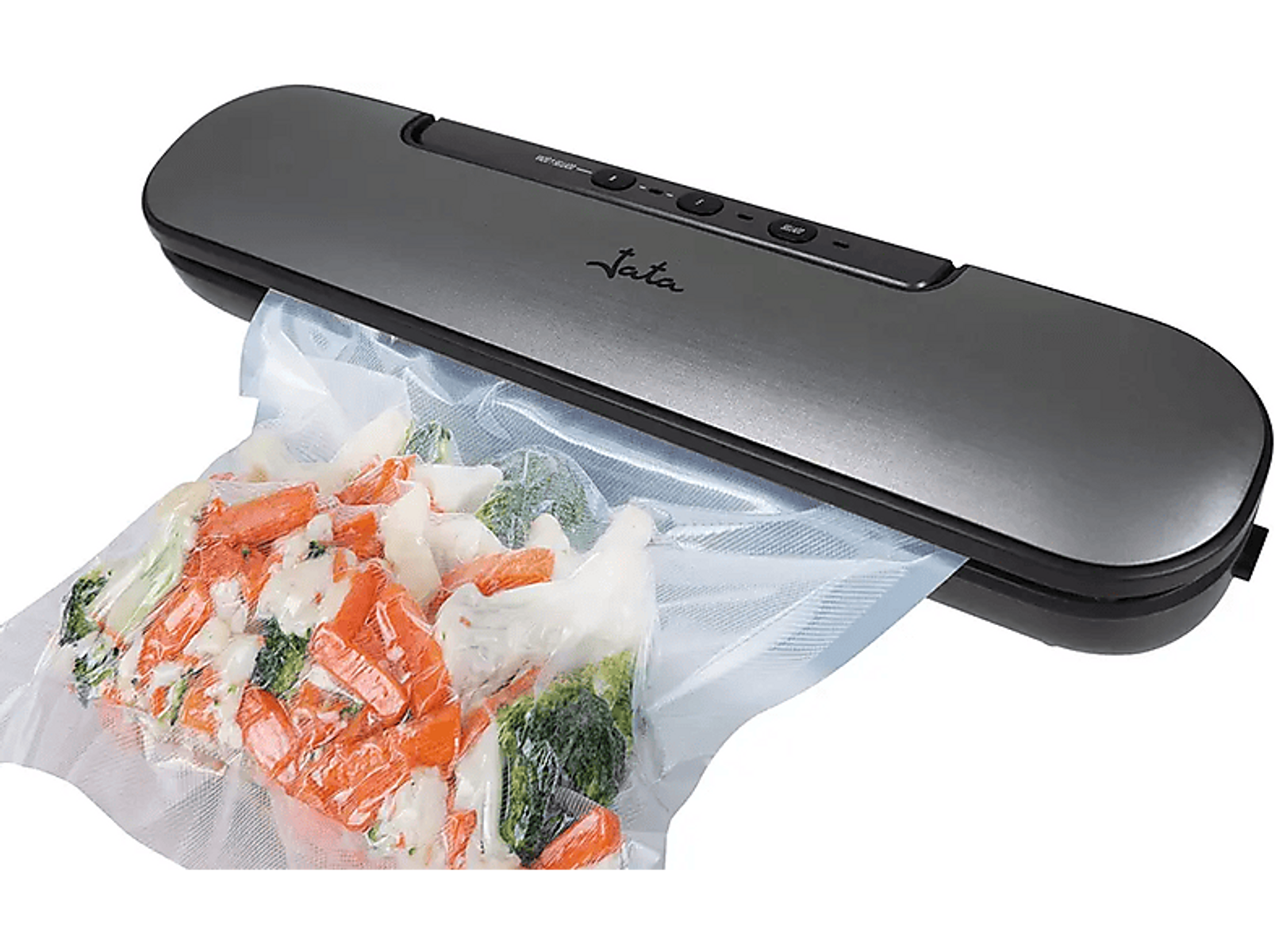 Szara zgrzewarka próżniowa z workiem z warzywami w środku, białe tło. Zgrzewarka jest oznaczona jako Jata.