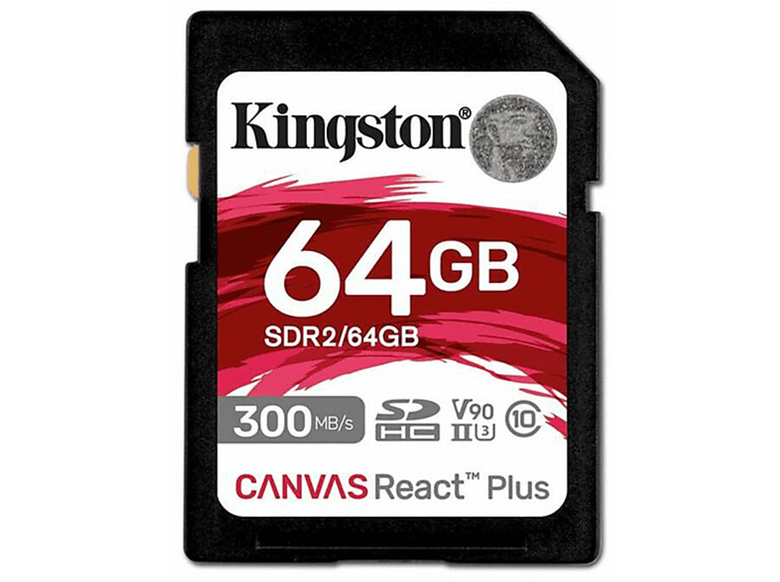 Tarjeta SD Kingston de 64 GB con detalles de velocidad y capacidad, sobre fondo oscuro.