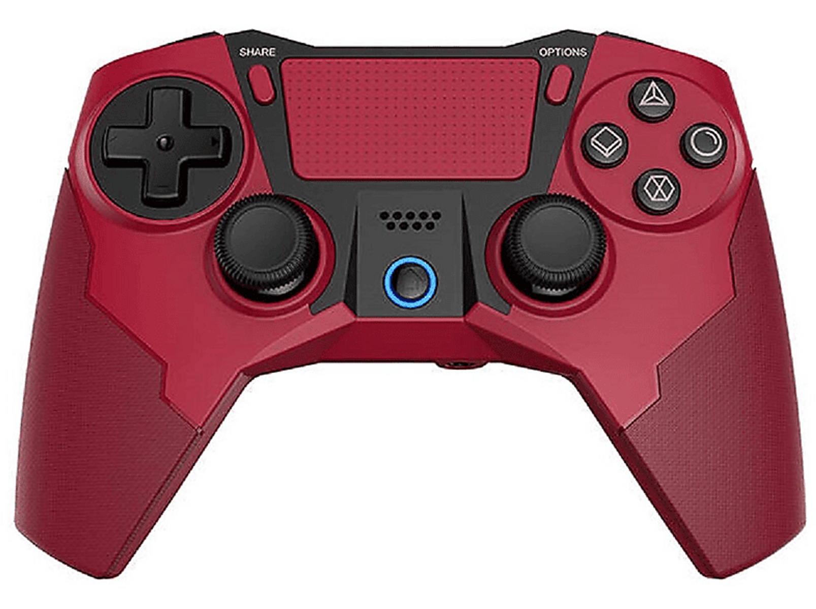 Roter Gamecontroller mit schwarzen Knöpfen und einem zentralen blauen Knopf.