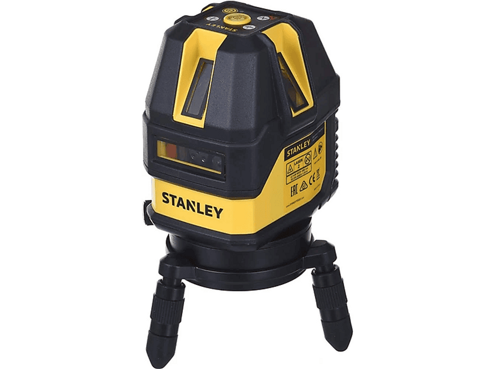 Ein schwarz-gelbes Stanley-Laser-Niveau auf einem Stativ, das die Marke Stanley zeigt.
