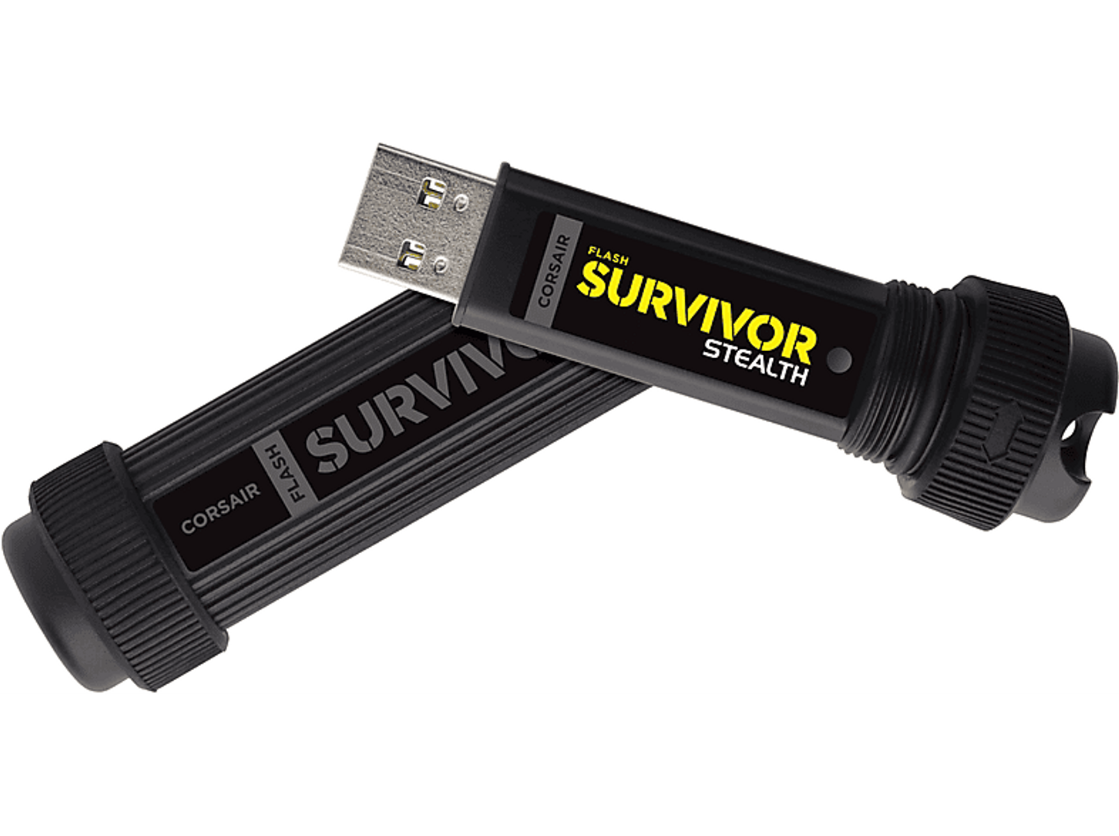 Dwa czarne pendrive'y Corsair. Jeden z odsłoniętym złączem USB, drugi zamknięty.