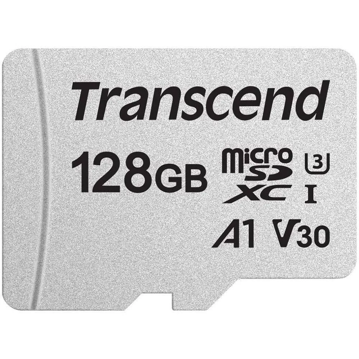 Transcend 128GB Micro-SD-Karte. Die Karte ist silberfarben. Text auf der Karte zeigt Kapazität und Geschwindigkeit.