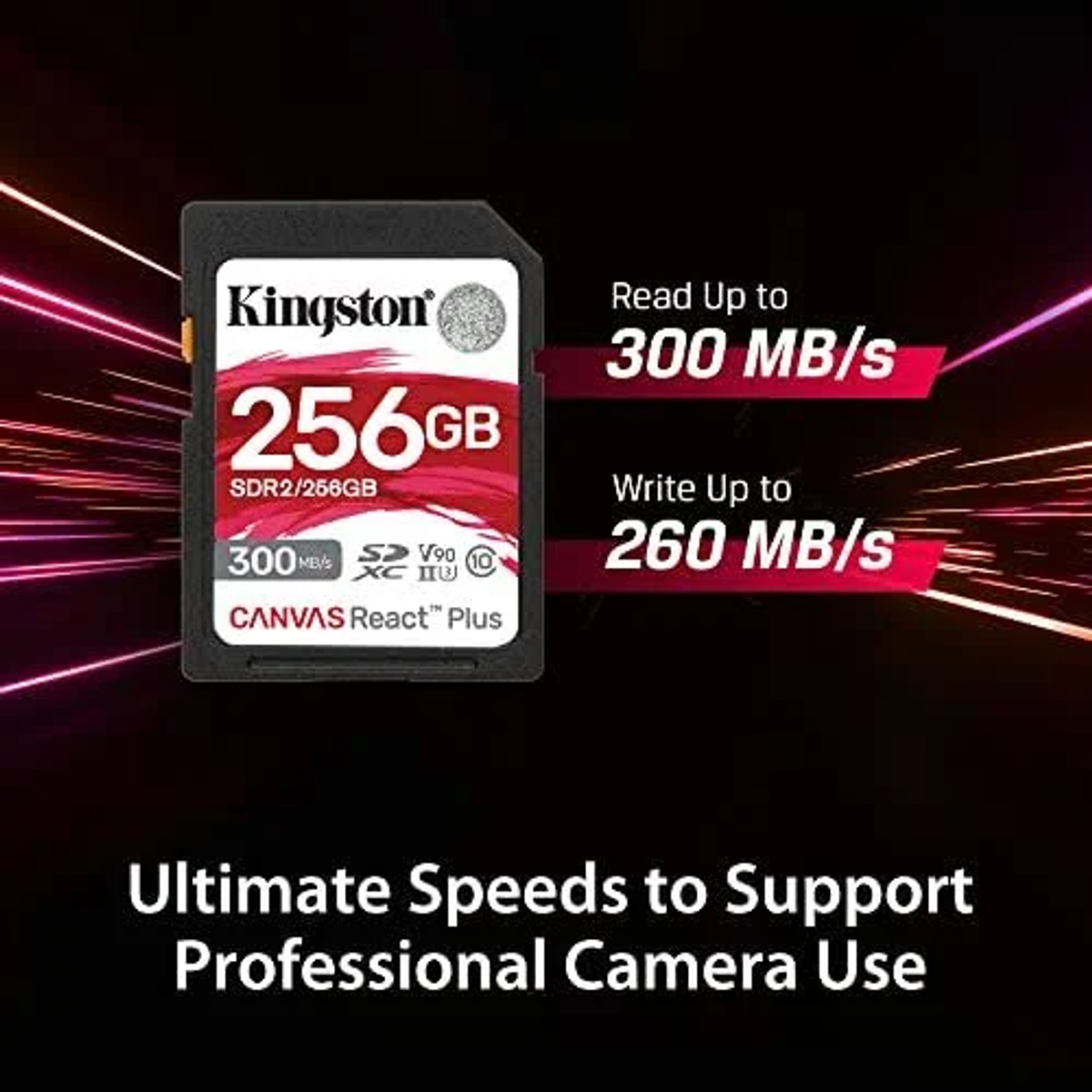 Tarjeta SD Kingston de 256 GB con velocidades de lectura y escritura indicadas. Fondo con líneas de velocidad.