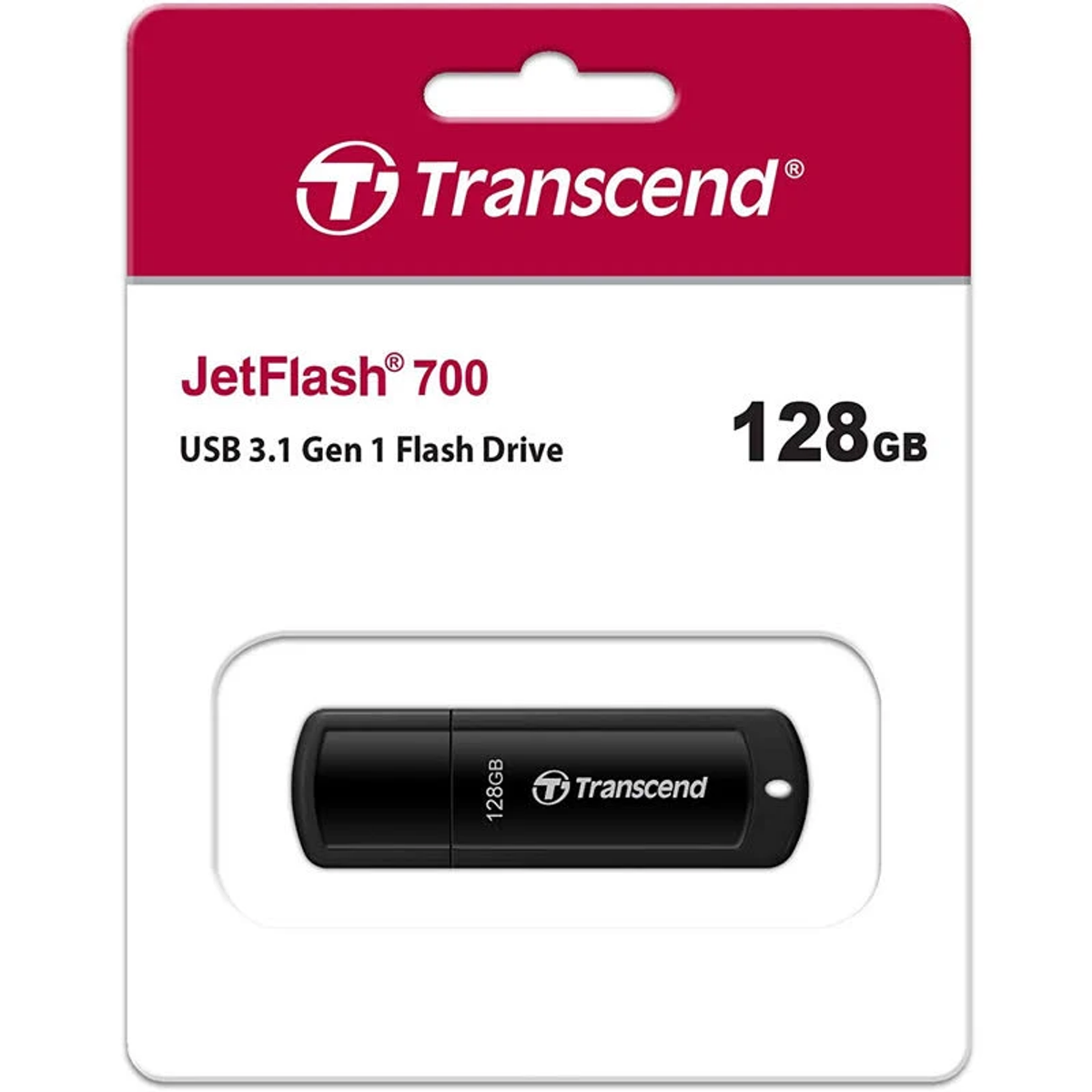Dysk USB Transcend JetFlash 700. Jest czarny z białą etykietą i logo Transcend.