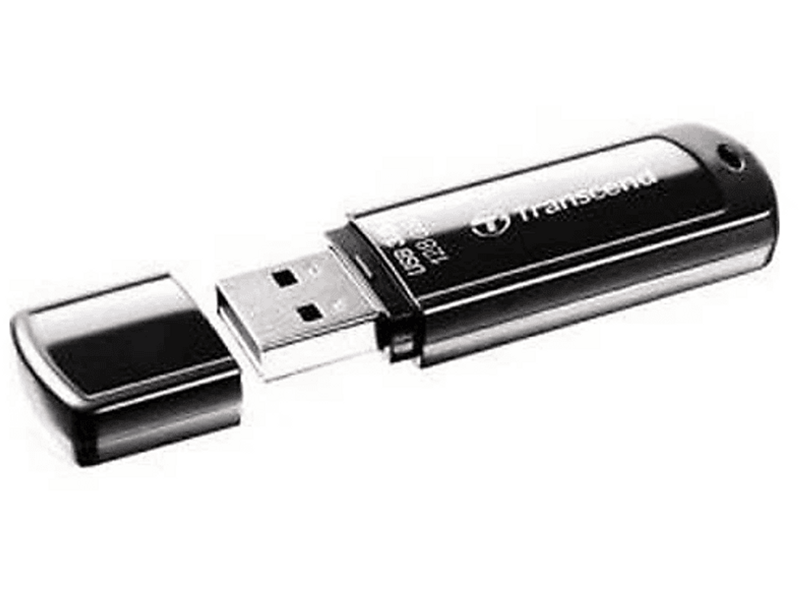 Czarny pendrive Transcend z zdjętą zatyczką, pokazujący złącze USB.