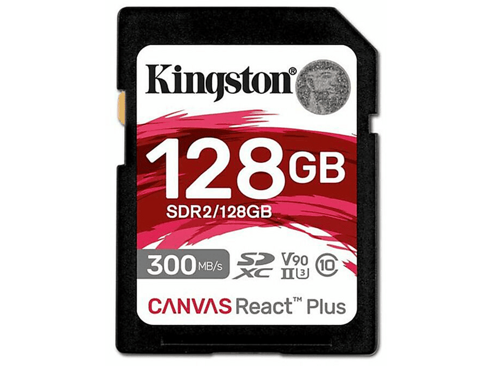 Eine schwarze Kingston SD-Karte mit weißem Etikett, Aufschrift 128GB.
