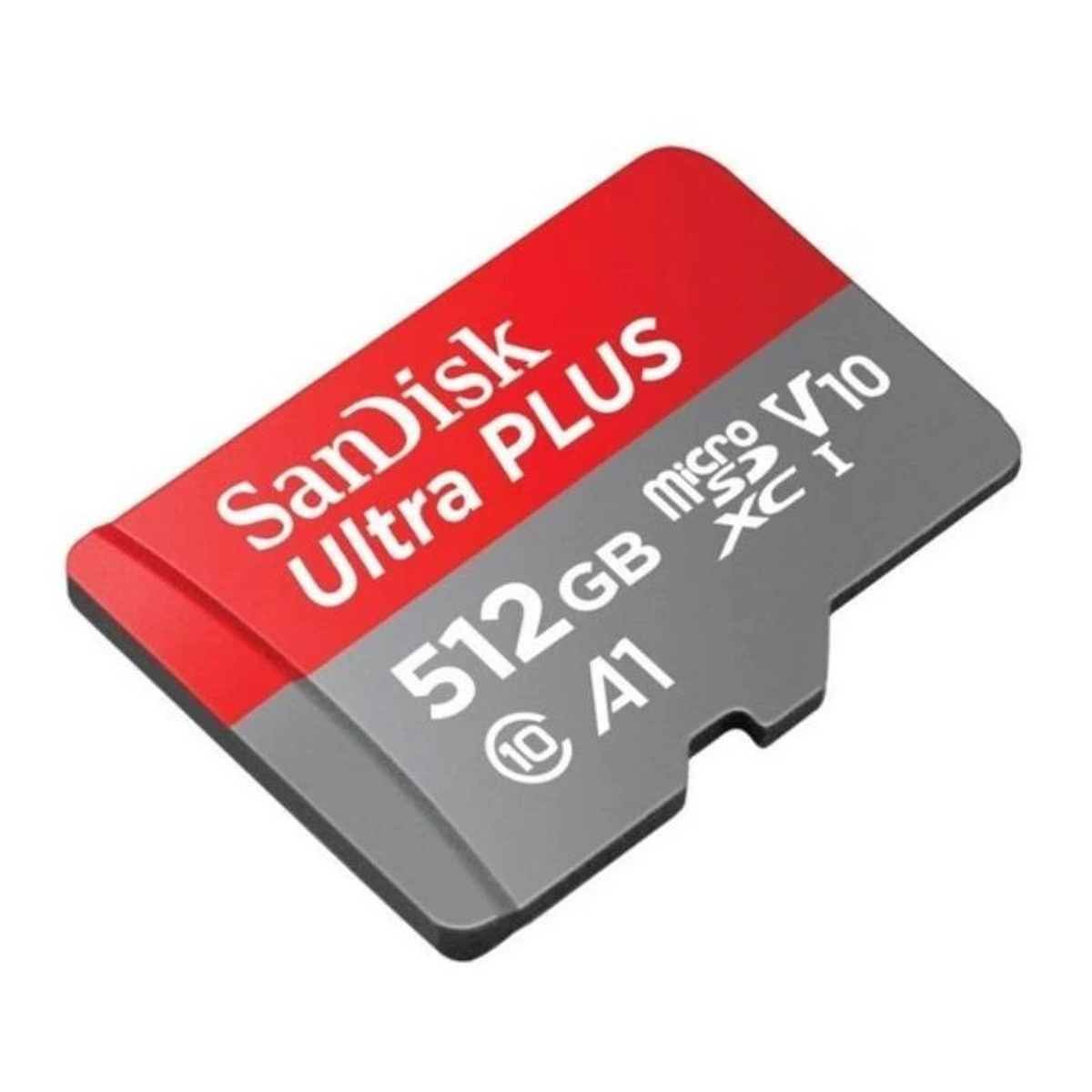 Rote und graue Speicherkarte. Auf der Karte steht 'Sandisk Ultra Plus 512GB'.