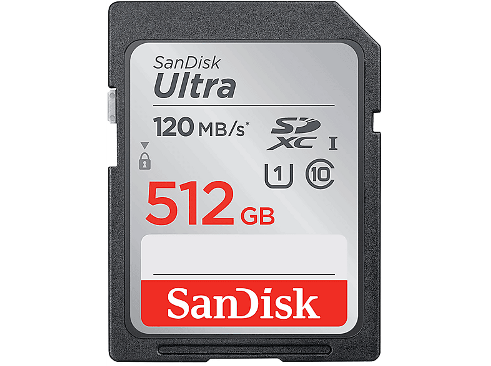 Sandisk 512GB SD-Karte. Schwarz und grau mit weißem Text und rotem GB. 120MB/s Geschwindigkeit.
