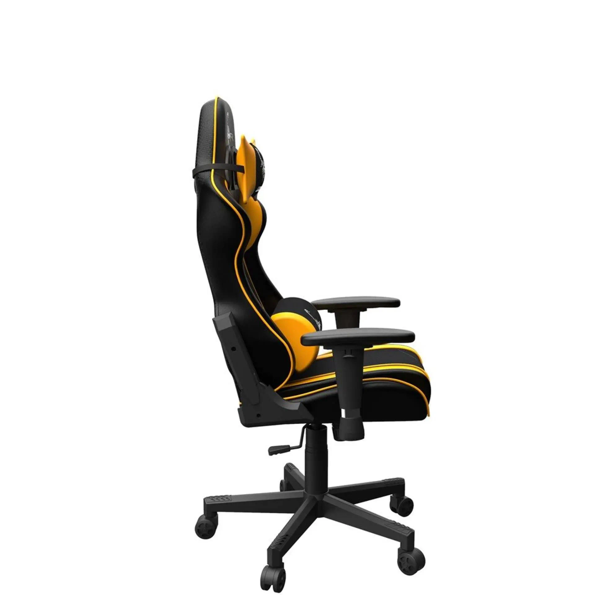 Gaming-Stuhl, schwarz und gelb mit Armlehnen, auf weißem Hintergrund.