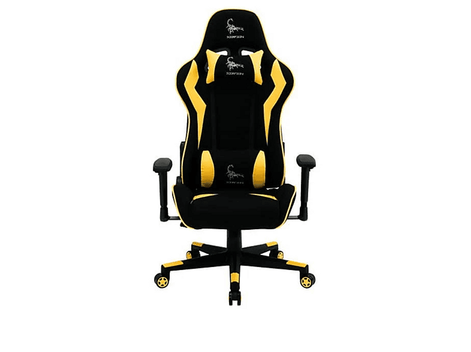 Schwarz-gelber Gaming-Stuhl. Der Stuhl trägt das Wort 'SCORPION'.