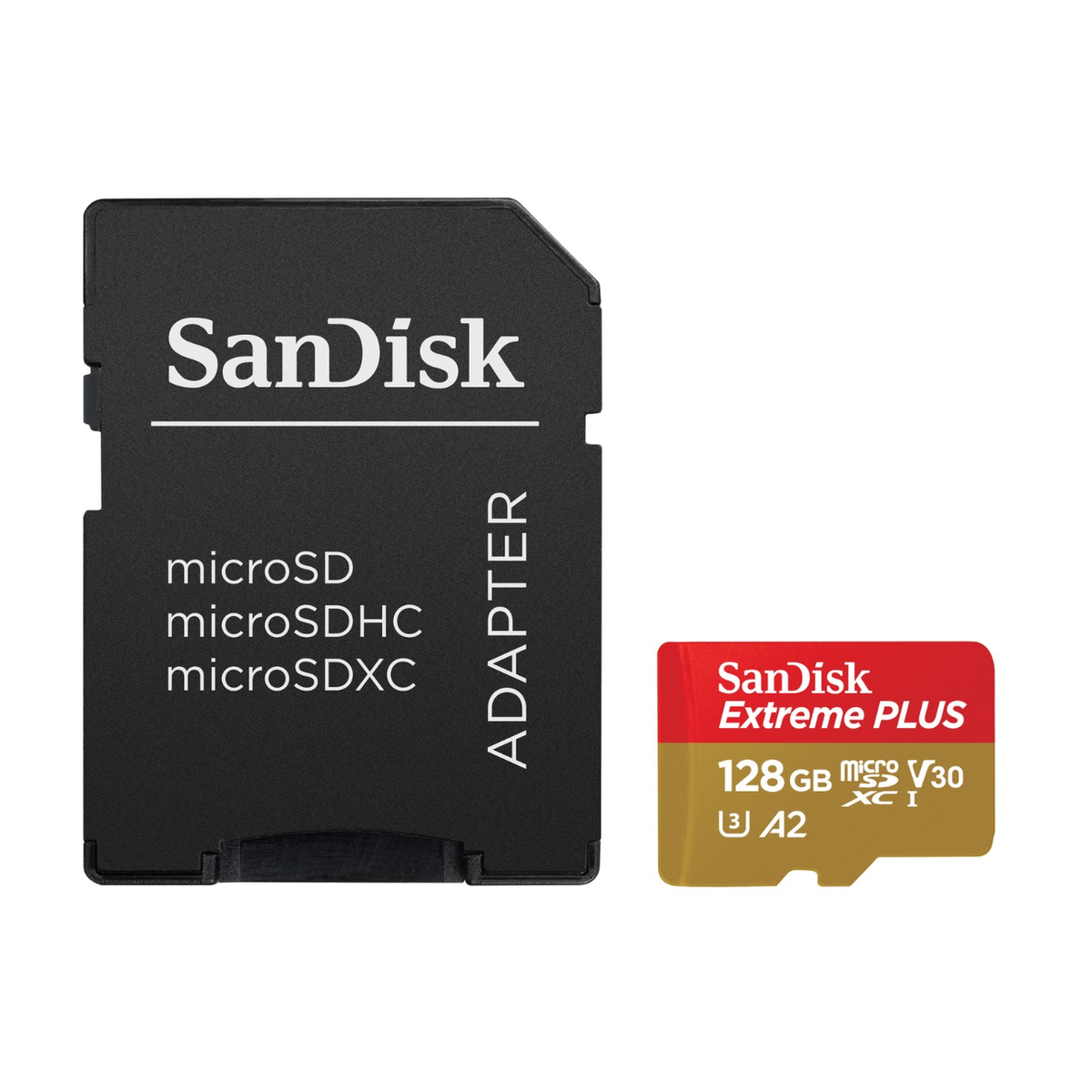Scheda SD Sandisk Extreme Plus con un adattatore. La scheda è rossa e nera.
