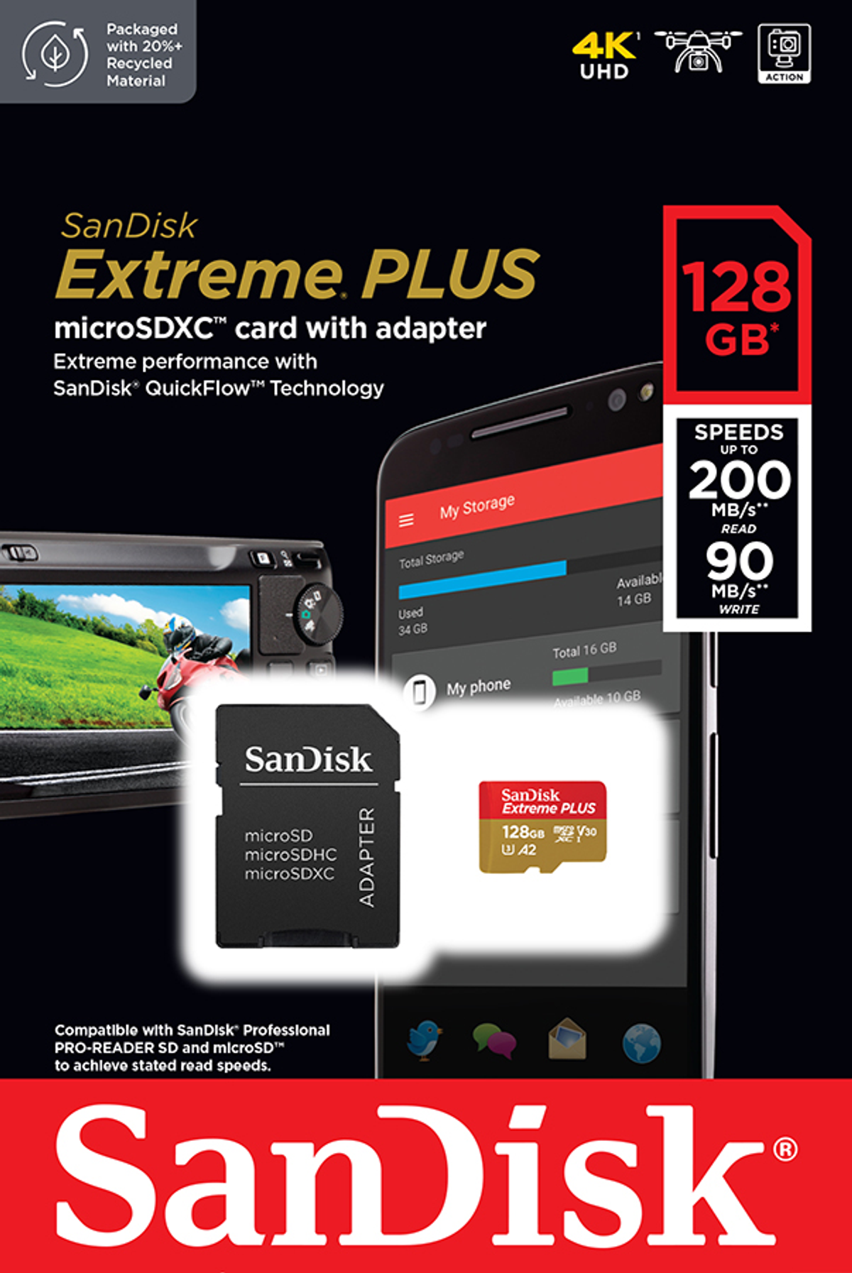 Scheda microSD SanDisk con adattatore e schermo del telefono che mostra i dati di archiviazione e velocità.