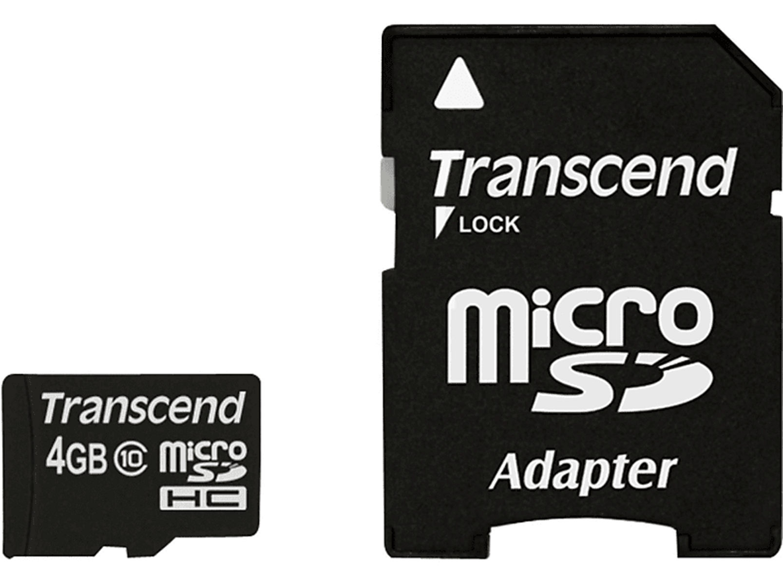 Zwei schwarze Transcend Speicherkarten. Eine ist Micro-SD, die andere ist ein Adapter.
