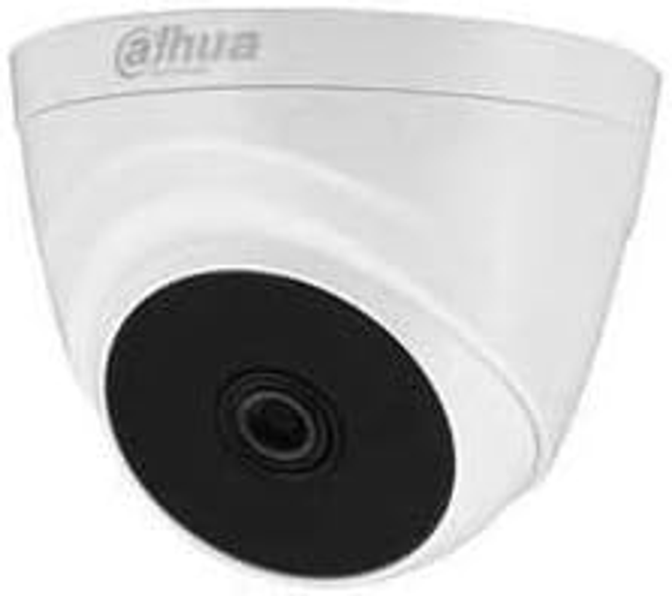 Cámara de seguridad Dahua blanca. Forma de cúpula con lente negra. Fondo blanco.