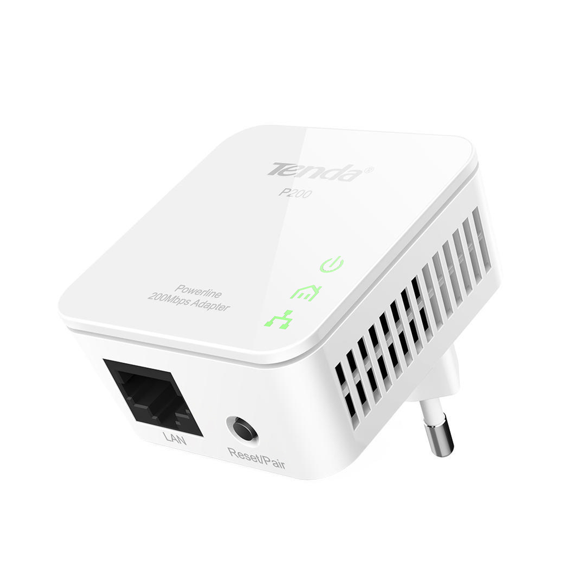 Adattatore powerline Tenda bianco. Ha una porta LAN, un pulsante reset/pair e tre luci LED. Spina europea.