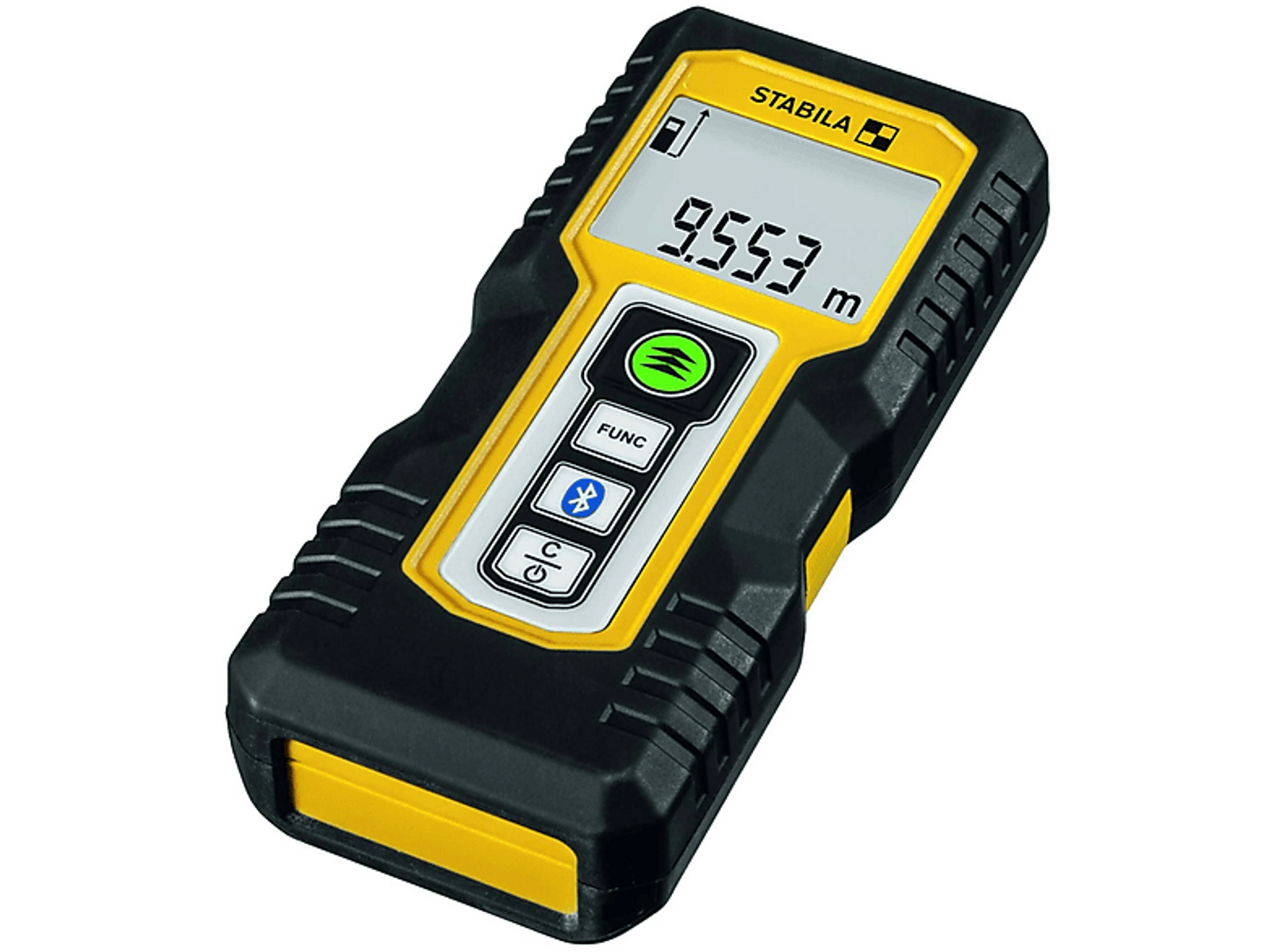 Gelb-schwarzes Laser-Entfernungsmessgerät, Digitalanzeige zeigt 9,553 m. Schwarzer Hintergrund.