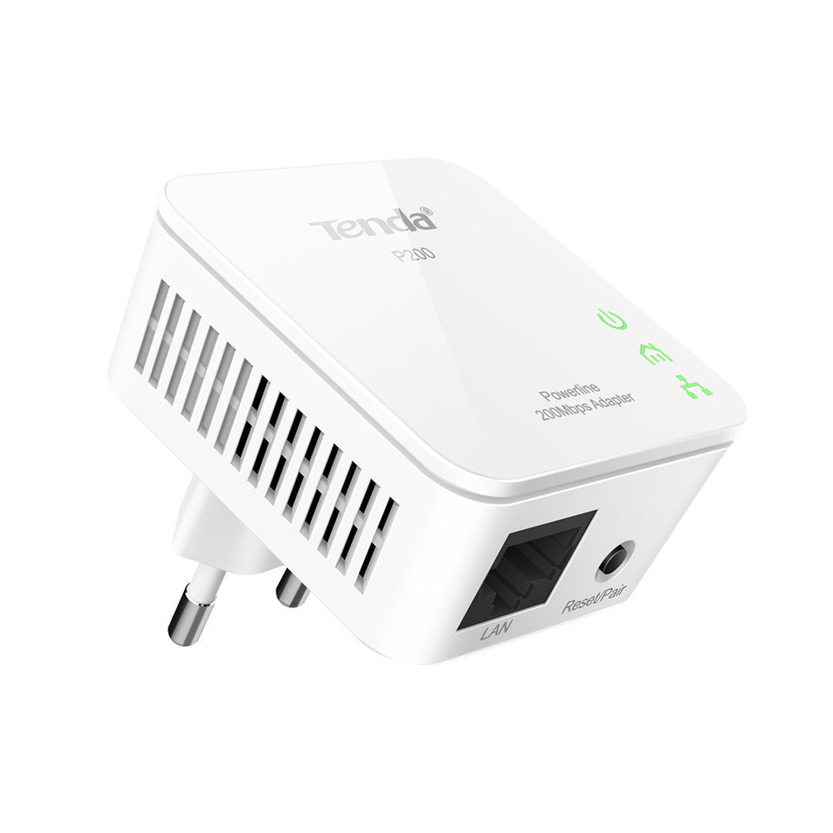 Adattatore powerline Tenda bianco. Ha una spina, una porta LAN e un pulsante reset/accoppiamento. Sfondo bianco.