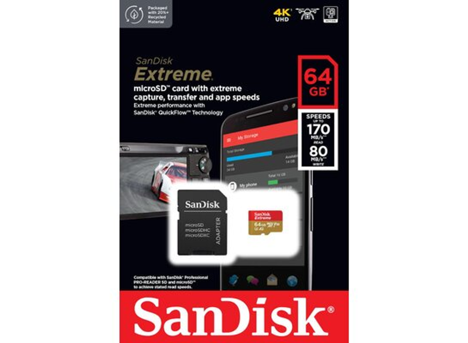 SanDisk Extreme microSD-Kartenverpackung. Enthält Kartenbild und Handy mit Grafiken.