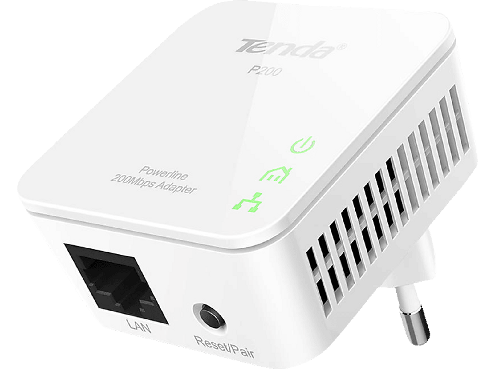 Adattatore Powerline Tenda bianco con porta LAN e pulsante reset.