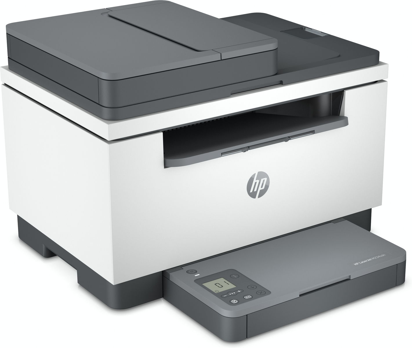 Drukarka HP LaserJet, biało-szara. Posiada panel sterowania i tacę odbioru papieru. Białe tło.