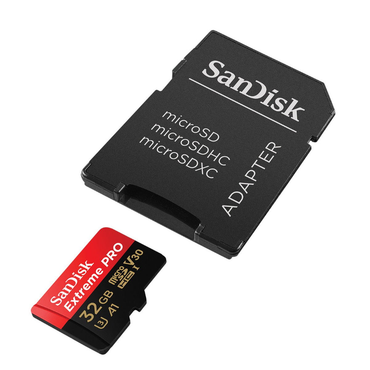 Karta SD i adapter SanDisk Extreme Pro, czarne z czerwonym tekstem, na białej powierzchni.