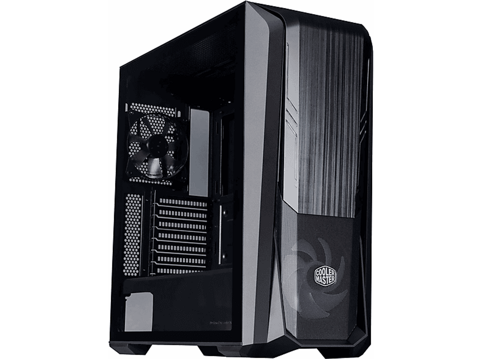Czarna obudowa PC z widocznym wentylatorem i komponentami, białe tło.