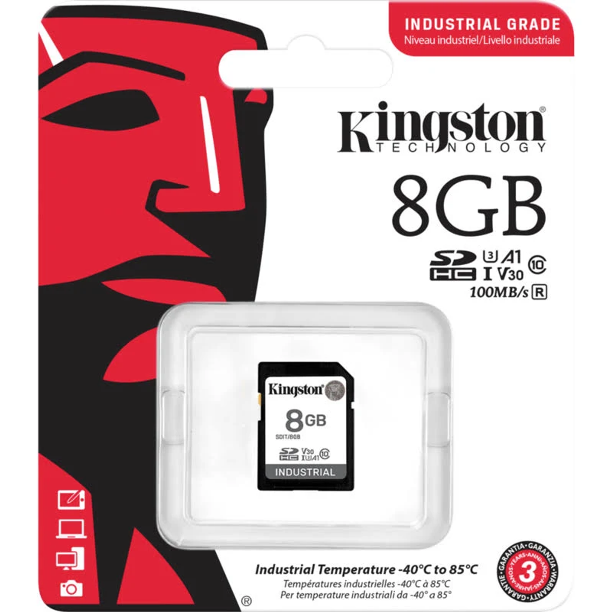 Tarjeta SD Kingston de 8 GB en un paquete de plástico. Diseño rojo, negro y blanco.