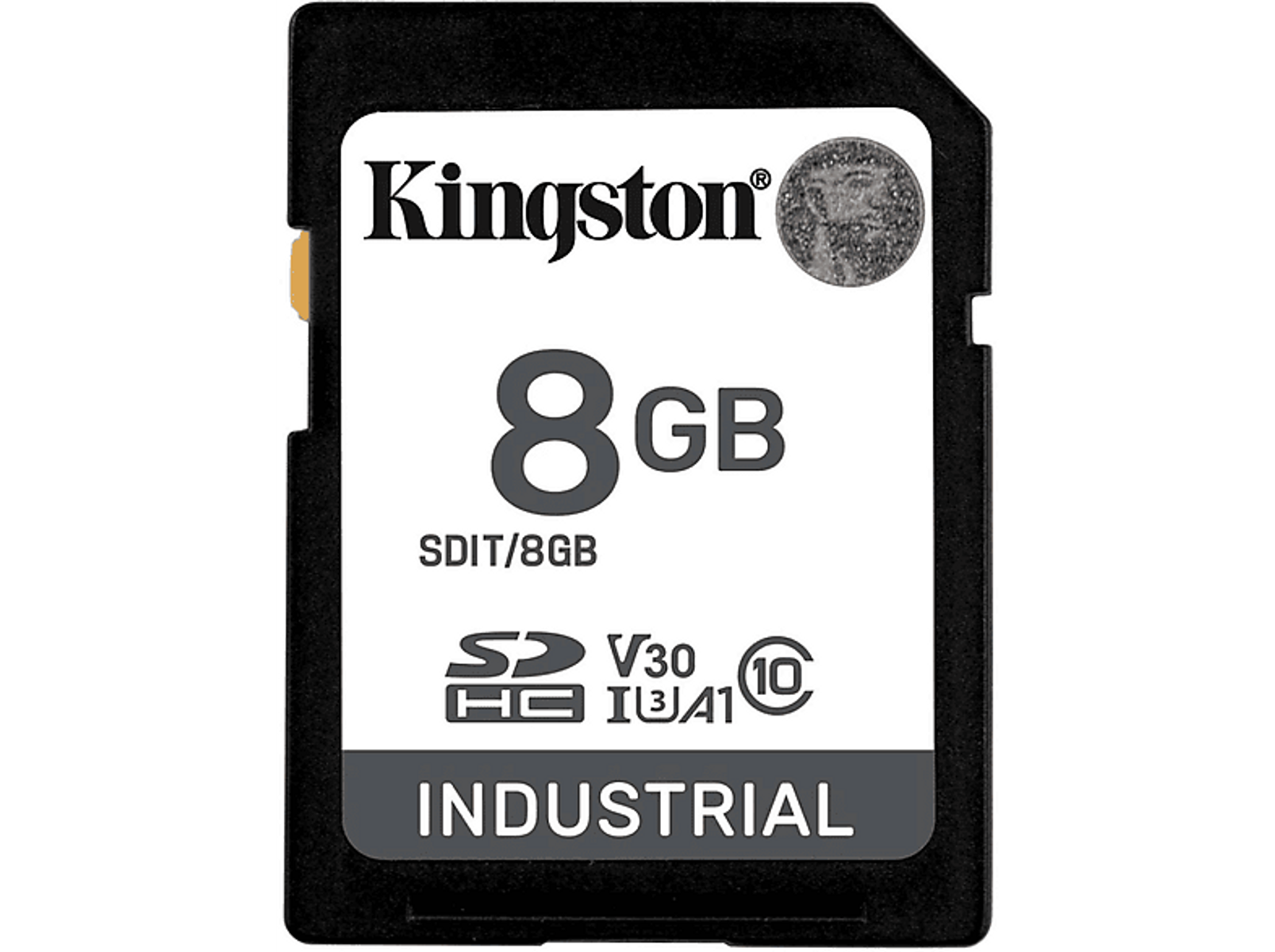 Tarjeta SD Kingston de 8 GB, negra con etiqueta blanca. Texto 'INDUSTRIAL' y '8GB'.