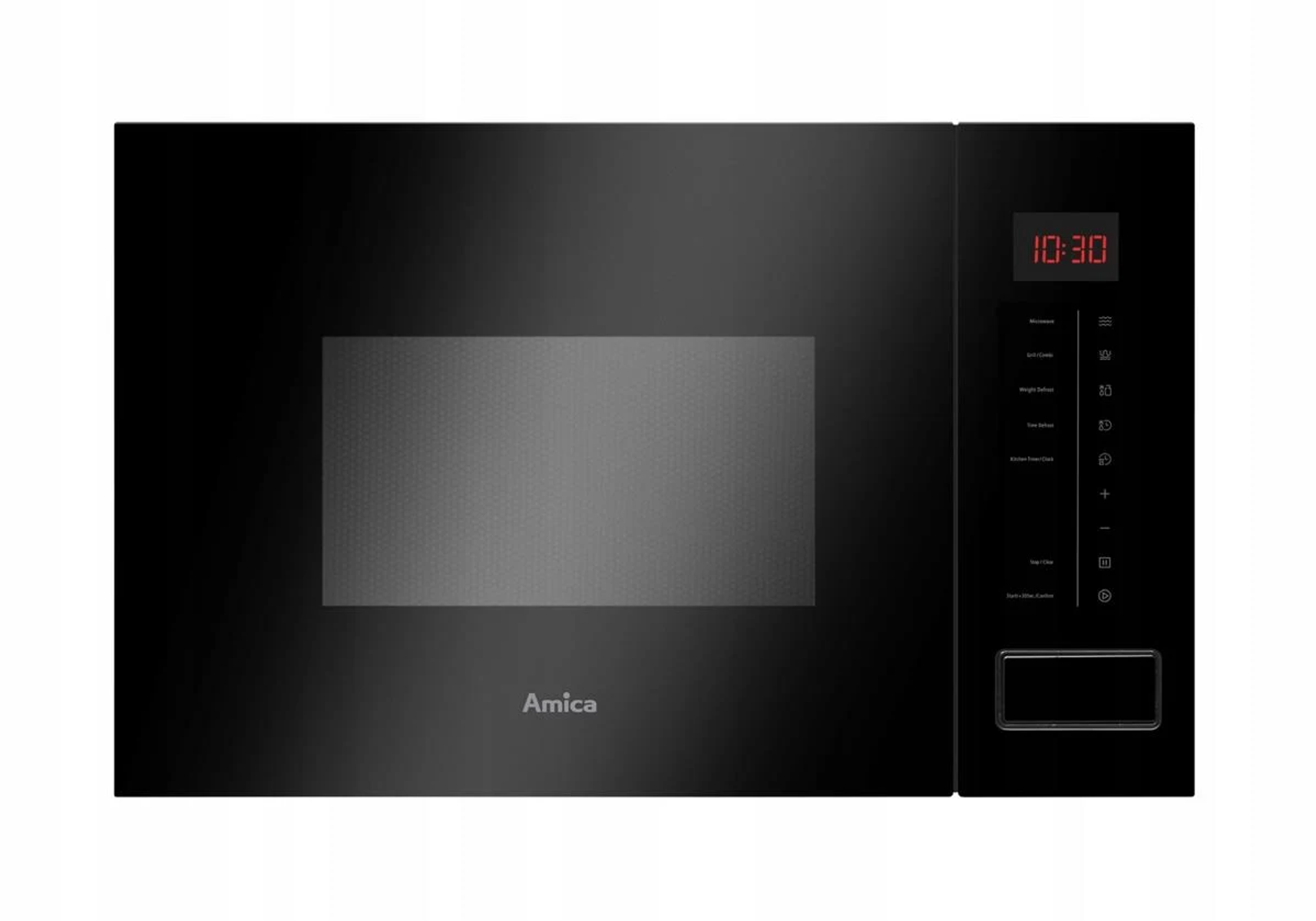 Schwarze Amica Mikrowelle mit Digitalanzeige 10:30. Der Hintergrund ist weiß.