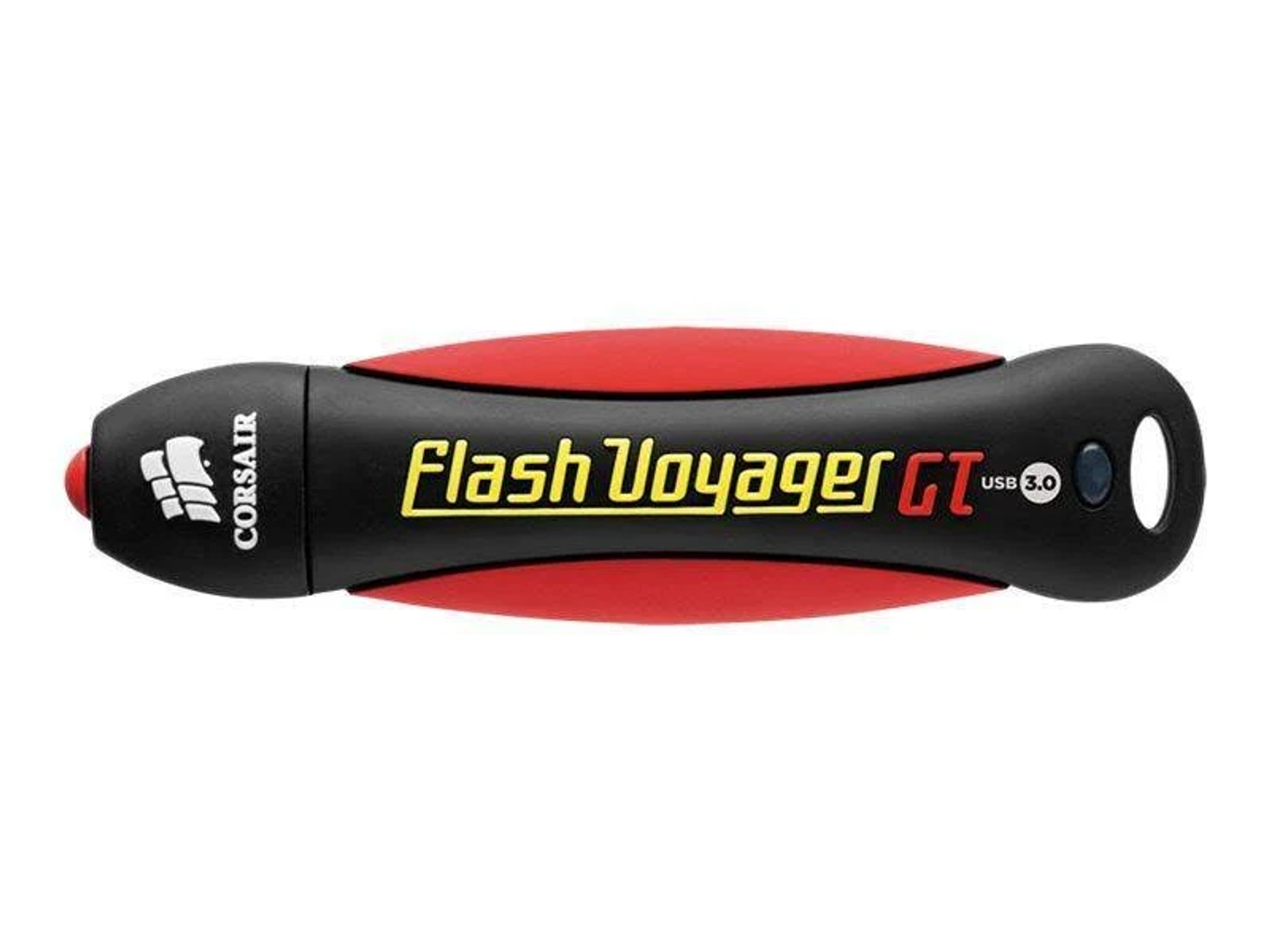 Czarno-czerwony pendrive Corsair Flash Voyager GT. Posiada logo USB 3.0 i logo Corsair.