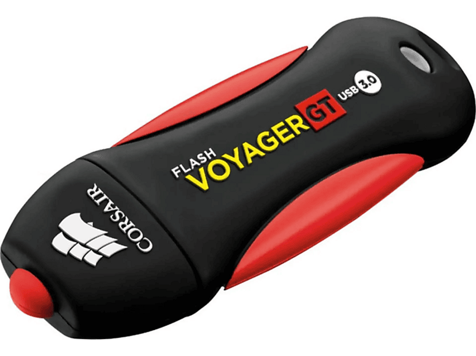 Pamięć flash Corsair Flash Voyager GT USB 3.0, czarna z czerwonymi akcentami, białe tło.