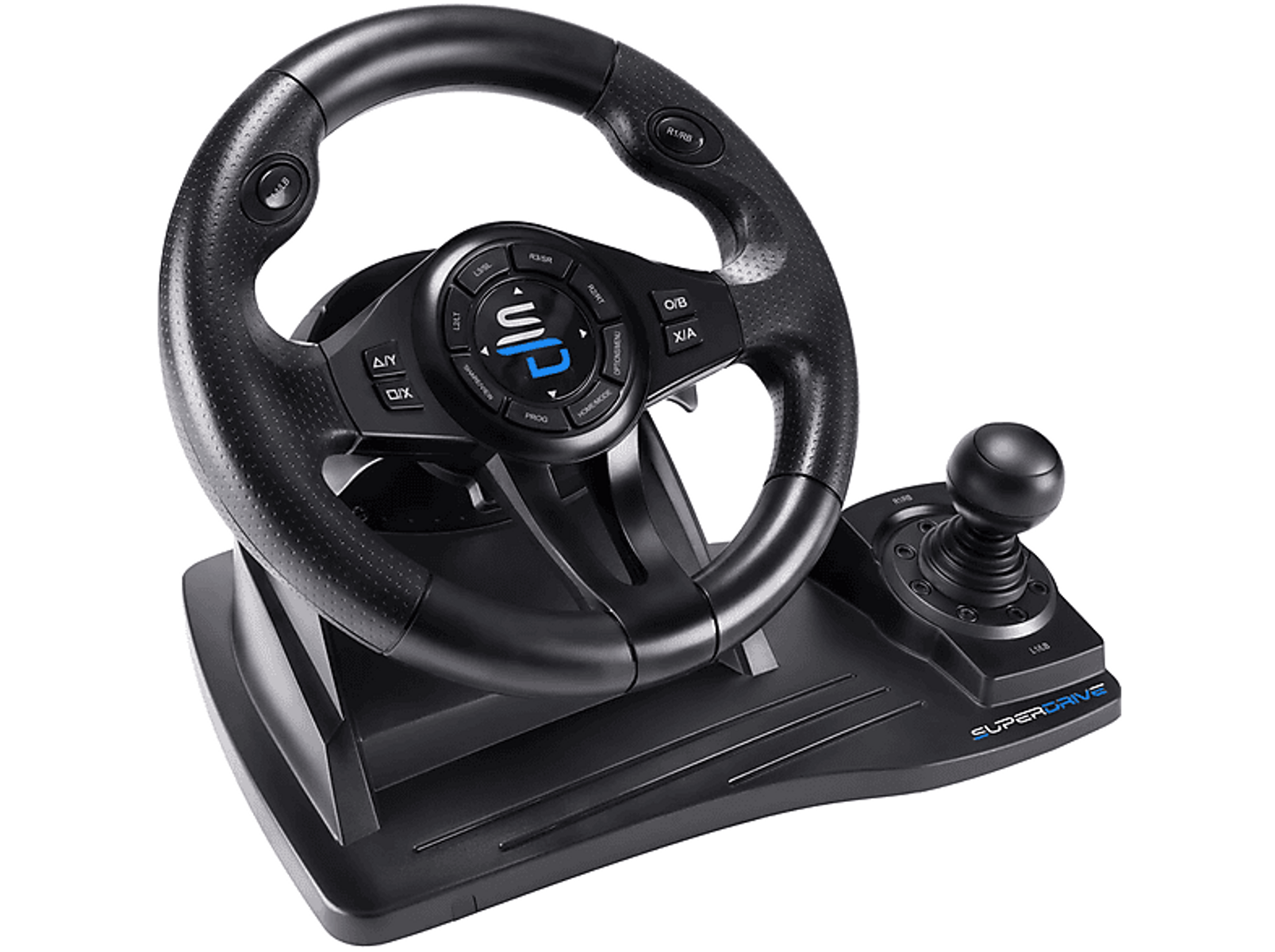 Schwarzes Superdrive Lenkrad mit Joystick, vor weißem Hintergrund.