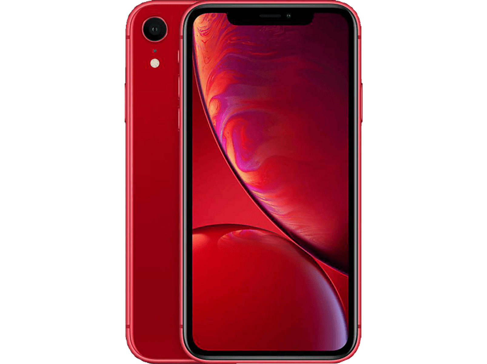 Een rode iPhone XR met rode achterkant. Het scherm staat aan.