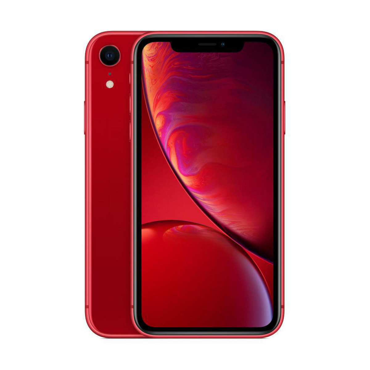 Rode iPhone XR. De achterkant en het scherm zijn beide rood, en de camera is zichtbaar.