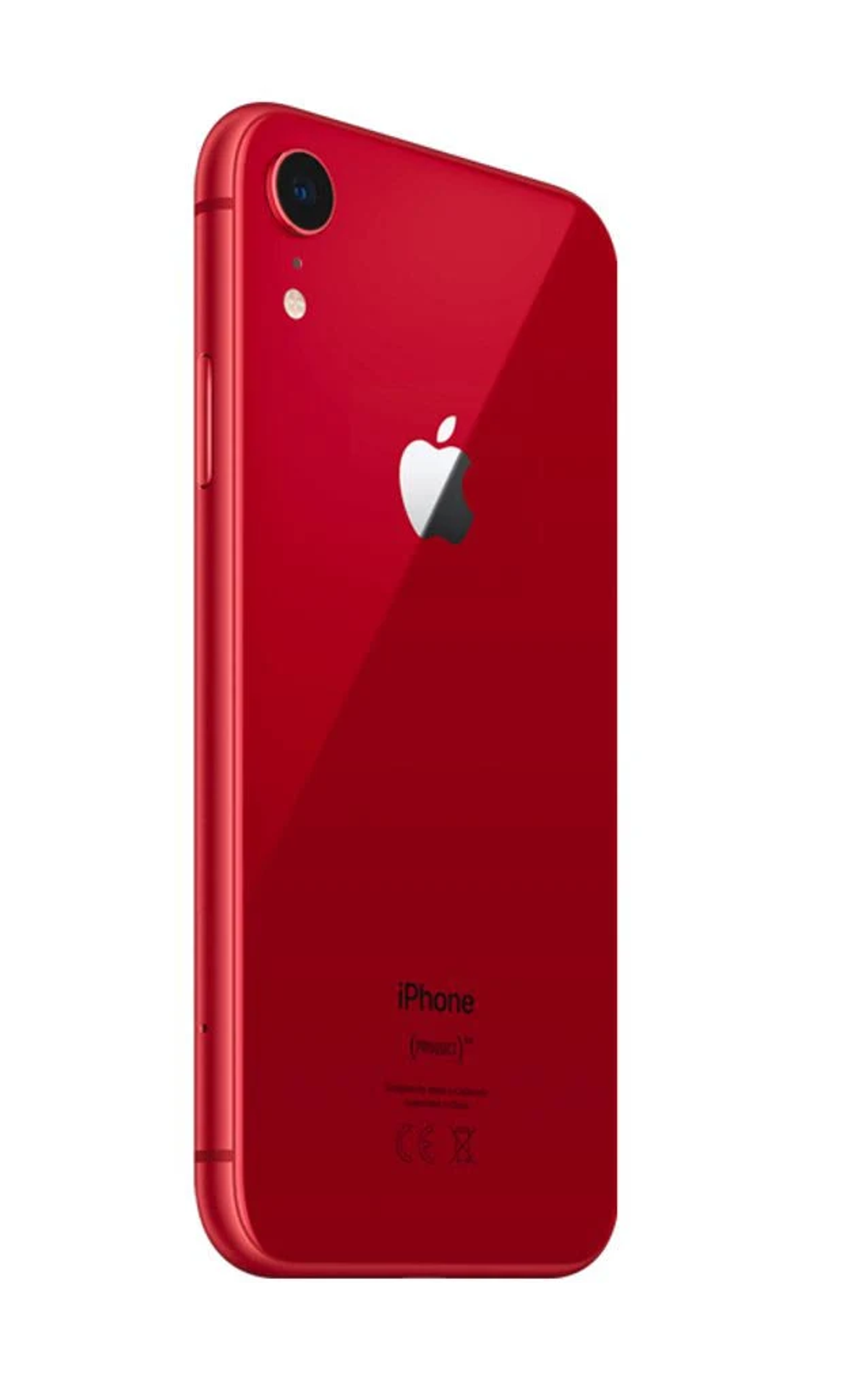 Rode iPhone XR, achteraanzicht, met camera en Apple-logo.