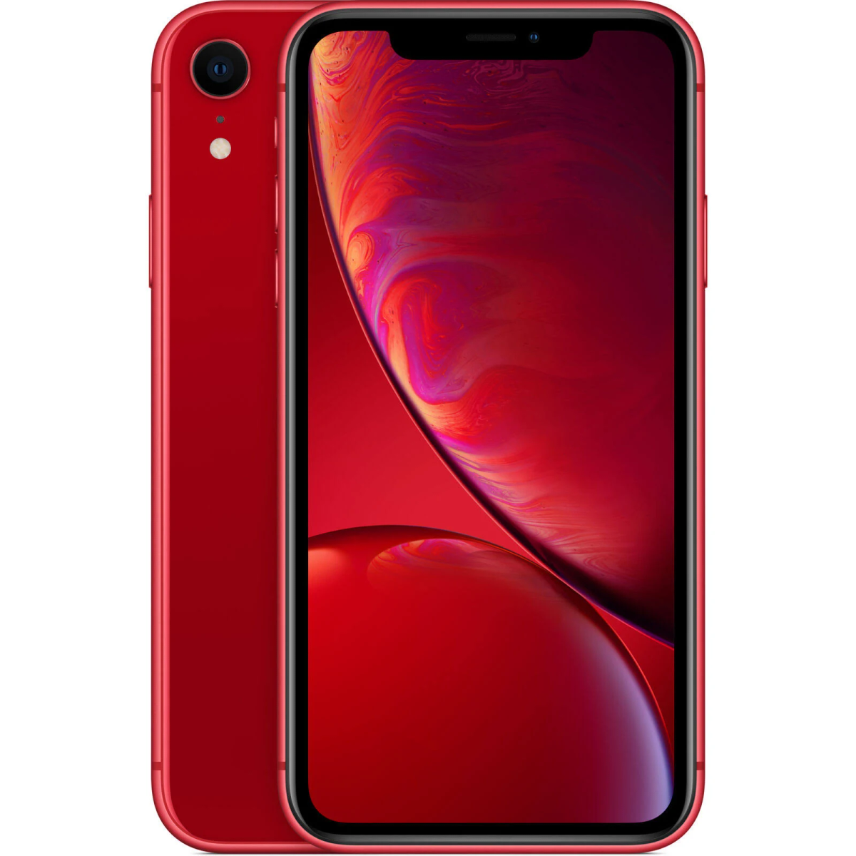 Rode smartphone met camera. Achteraanzicht toont camera en zijknoppen.