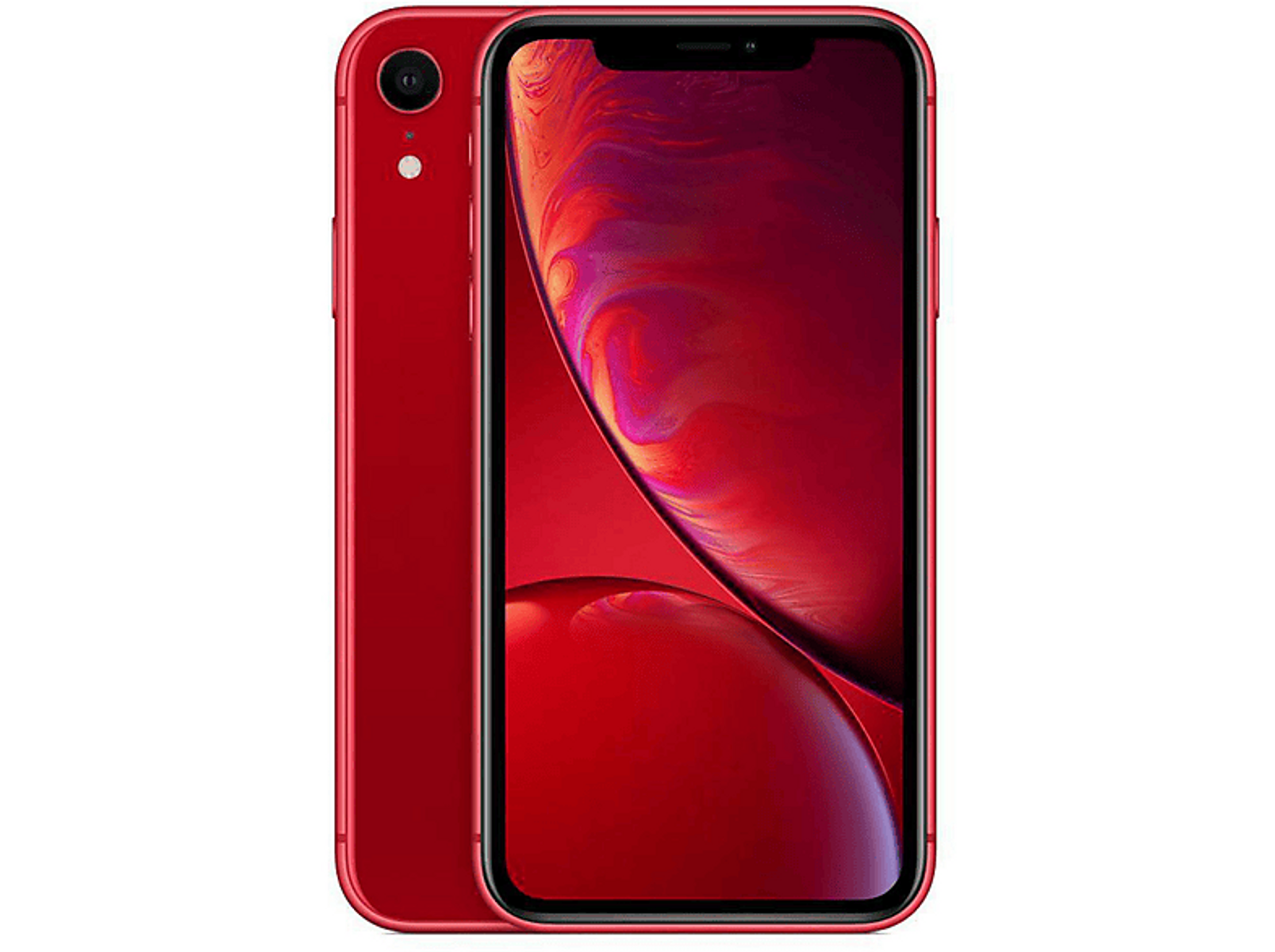 iPhone XR rouge. L'arrière est rouge, avec une seule caméra. L'écran avant est allumé.