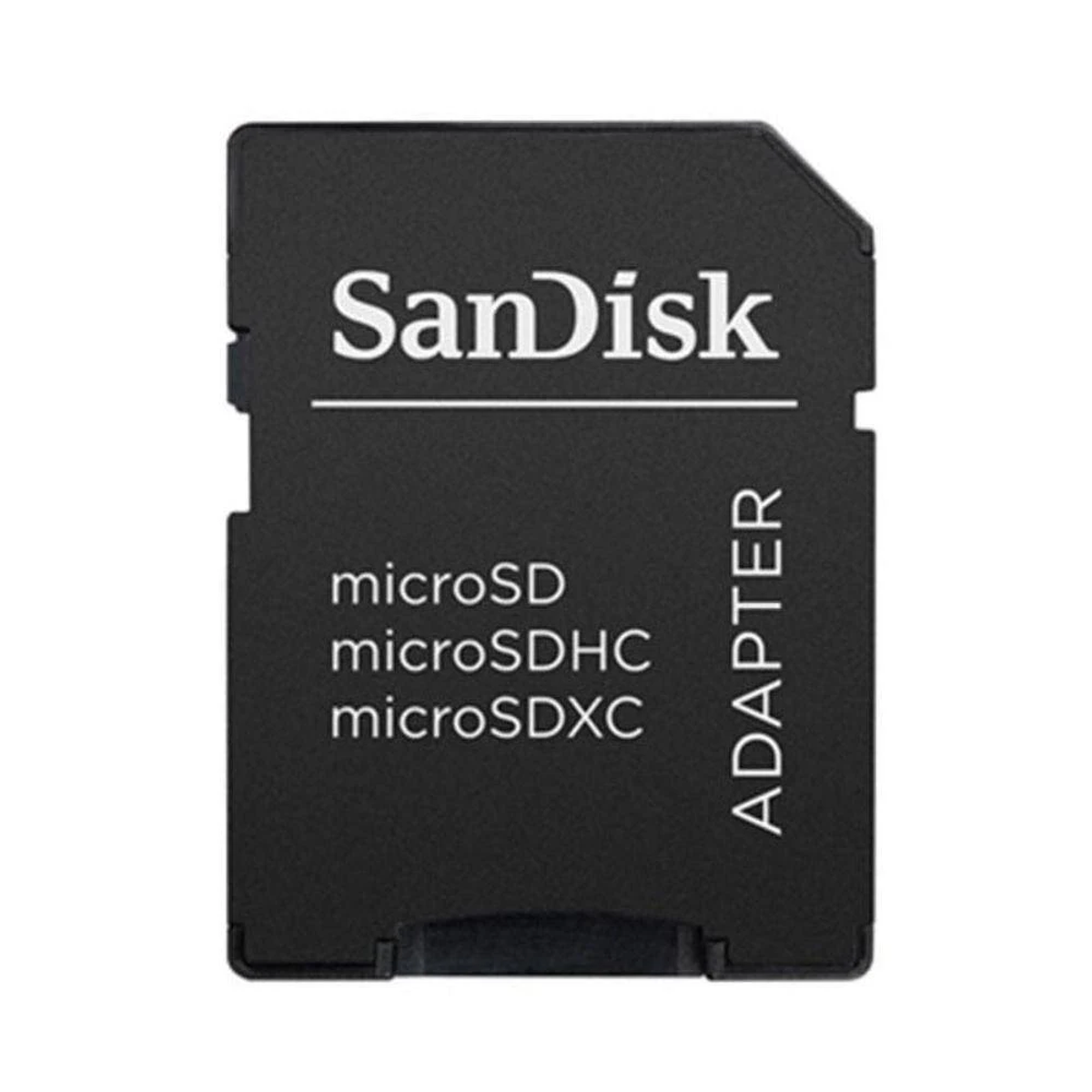 Zwarte SanDisk microSD-adapter. Tekst: microSD, microSDHC, microSDXC. Witte tekst op zwarte achtergrond.