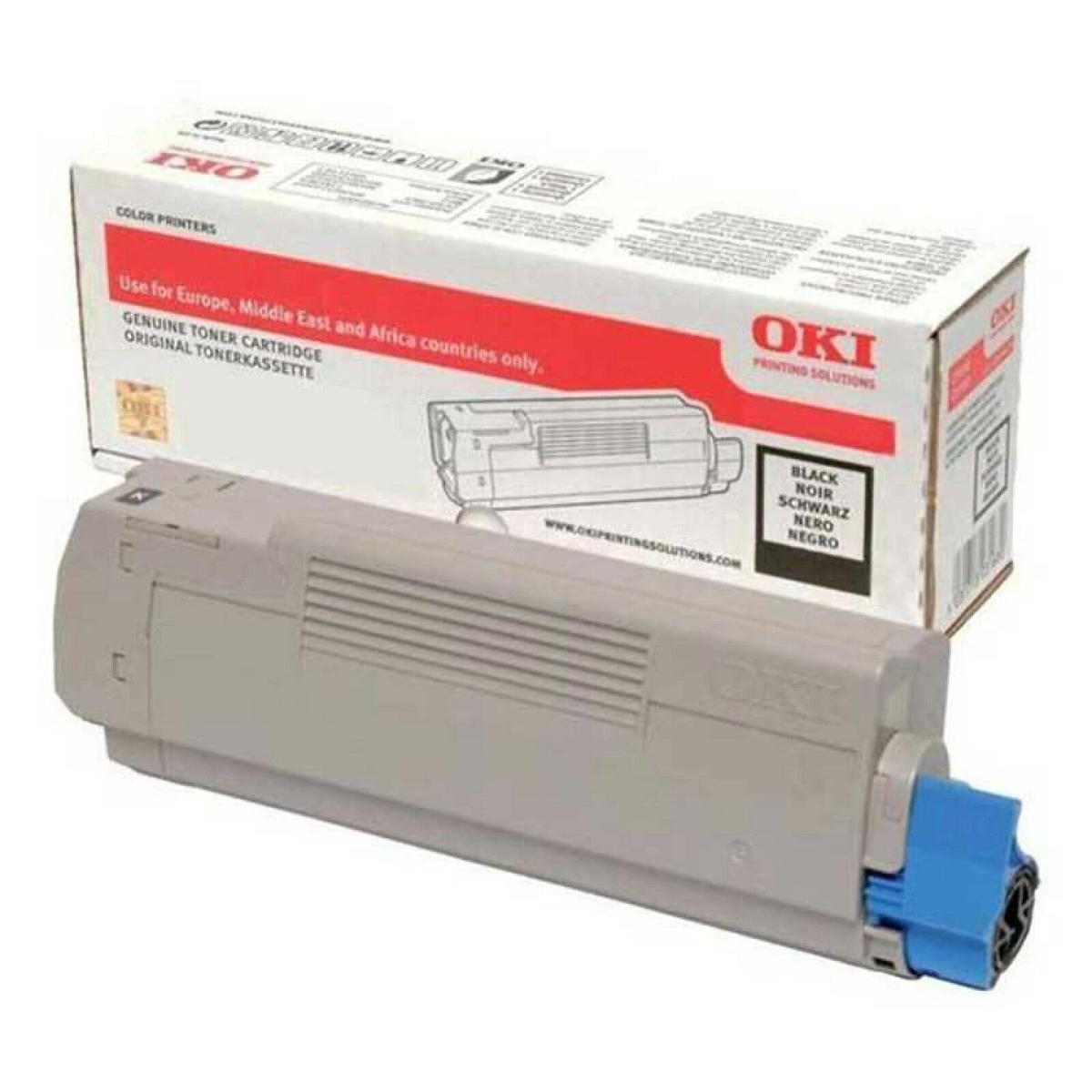 Wkład z tonerem z pudełkiem z tyłu. Wkład jest szary i niebieski.