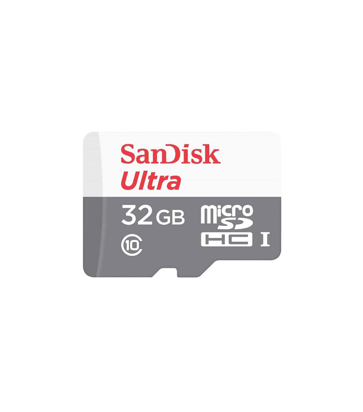 Een SanDisk Ultra 32GB Micro SD-kaart. Hij is wit en grijs met rode tekst.