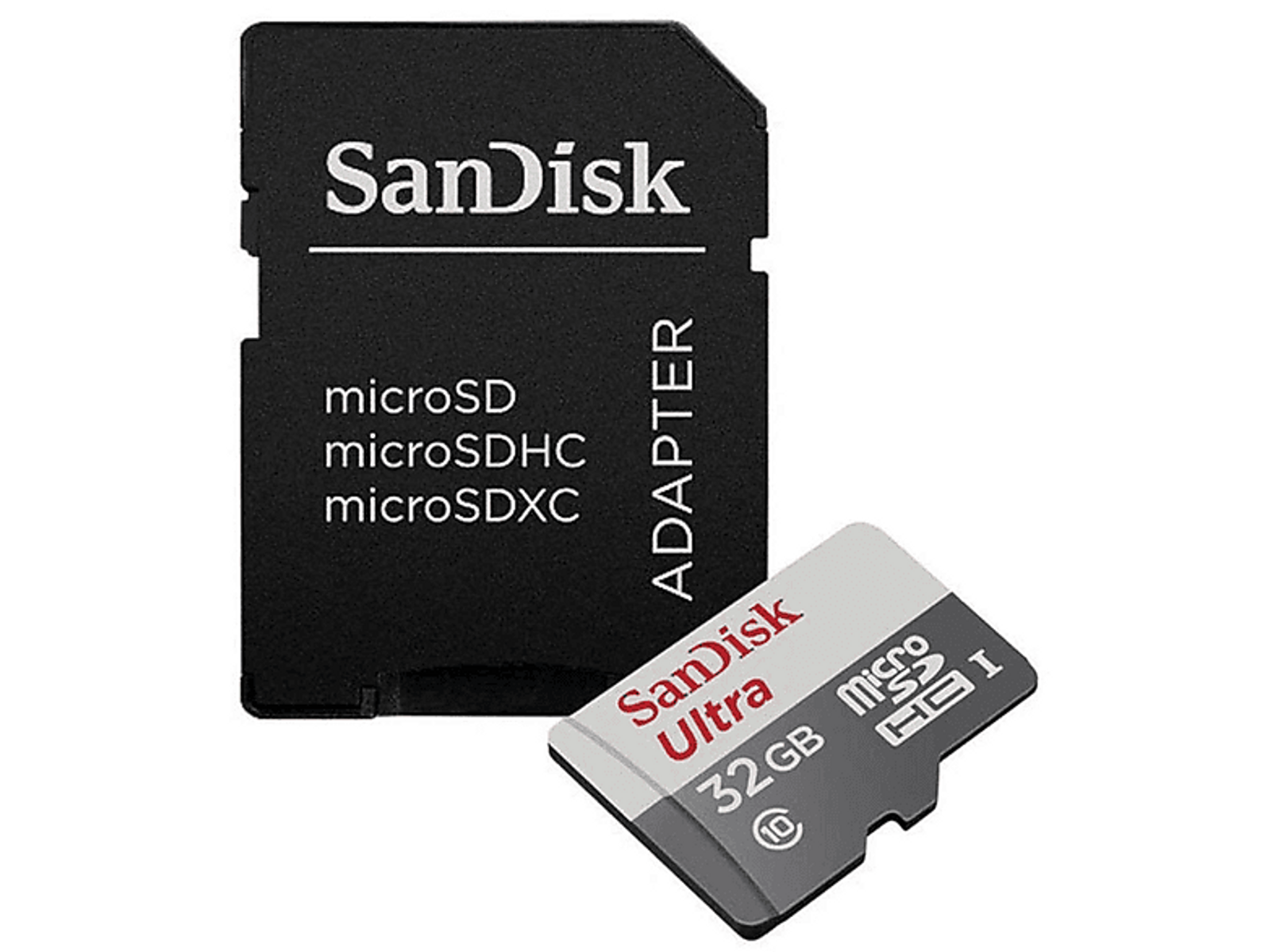 Een zwarte SD-kaartadapter naast een SanDisk Ultra microSD-kaart, beide op een witte achtergrond.