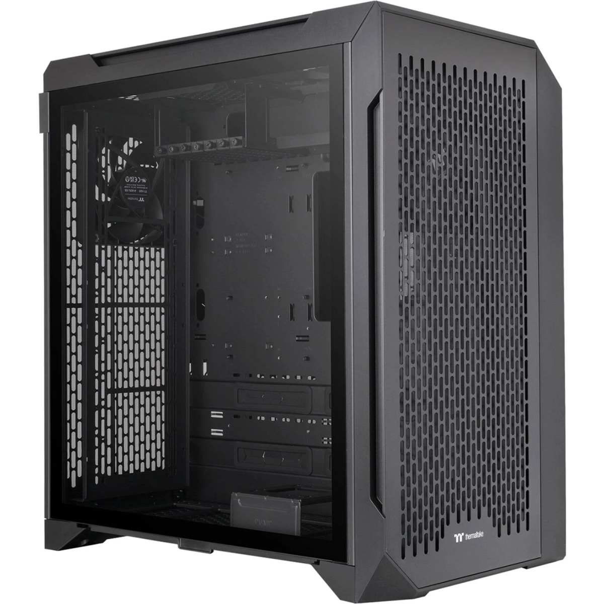 Un case per computer nero con un pannello laterale in vetro, che mostra i componenti interni.